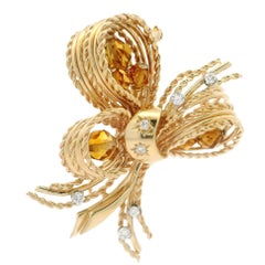 Neiman Marcus 14k Gold Diamond & Citrine Polished Textured Wire Ribbon Brooch