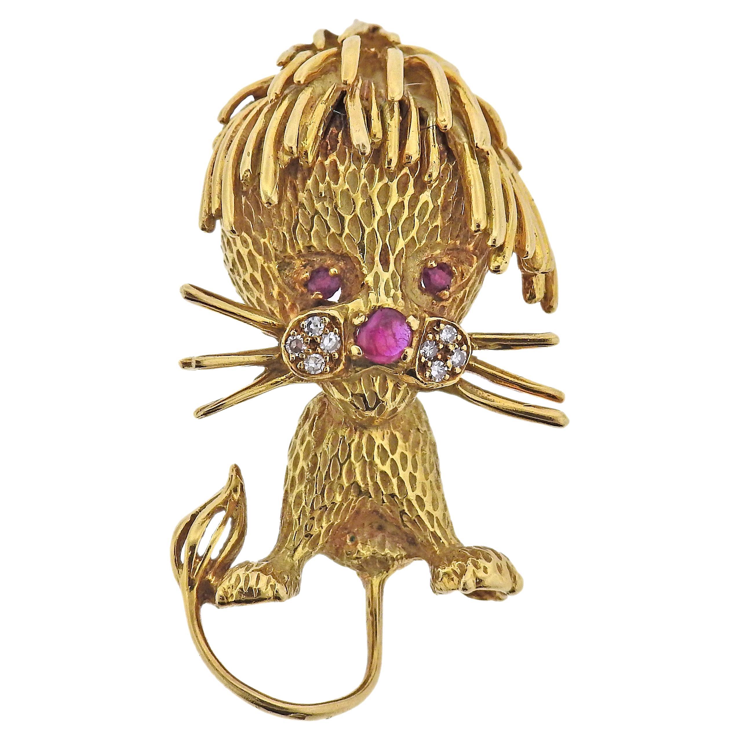 Neiman Marcus 1960s Diamond Ruby Gold Lion Brooch Pin For Sale