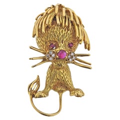 Neiman Marcus 1960s Diamond Ruby Gold Lion Brooch Pin