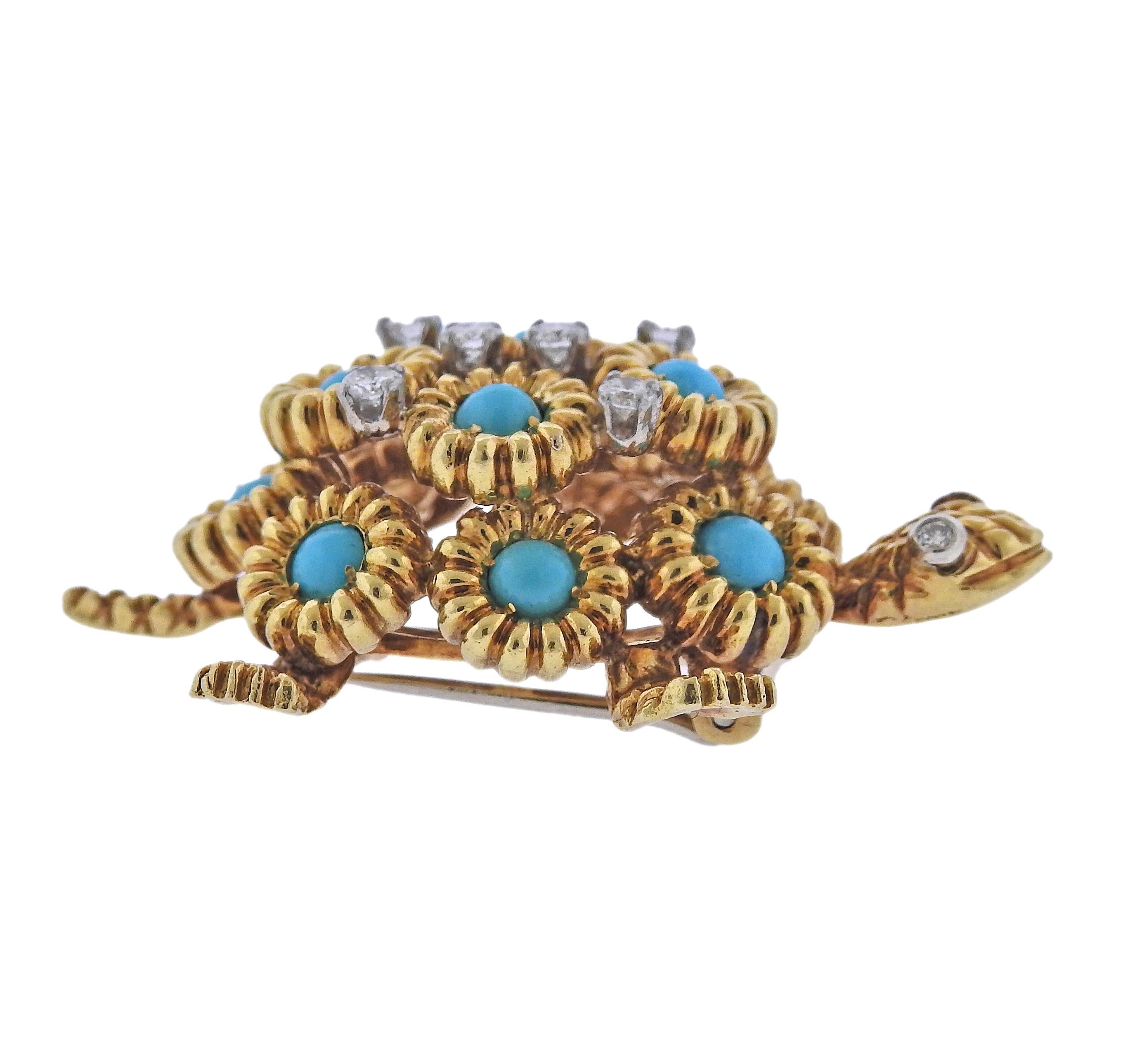 Vintage, circa 1960s 18k gold turtle brooch, adorned with turquoise and approx. 0.38ctw in Si1/H diamonds.  Brooch is 41mm x 26mm. Weight - 20.2 grams. Marked: 7603 NM. 