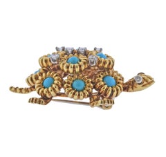 Neiman Marcus 1960s Turquoise Diamond Gold Turtle Brooch