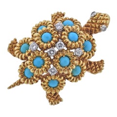 Neiman Marcus 1960s Turquoise Diamond Gold Turtle Brooch