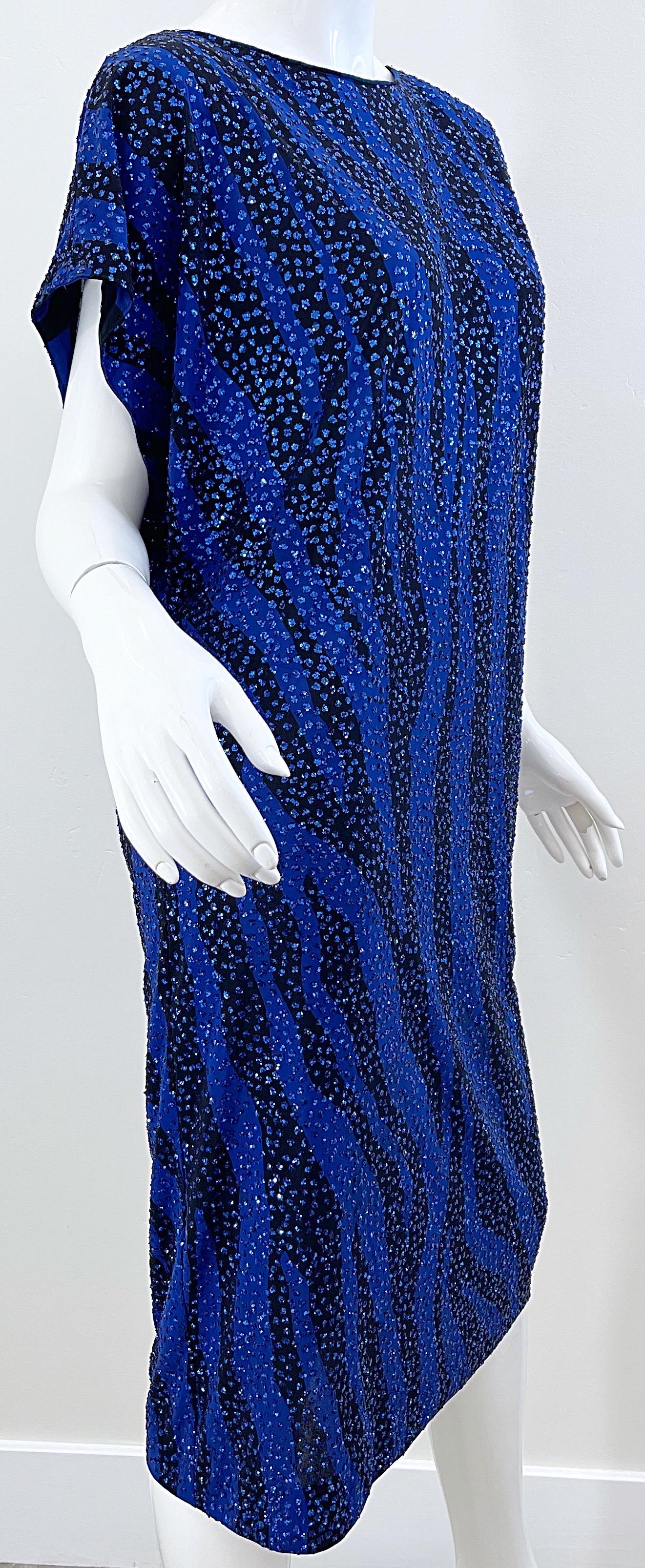 Neiman Marcus 80s Royal Blue Black Zebra Animal Print Glitter Caftan Midi Dress For Sale 2