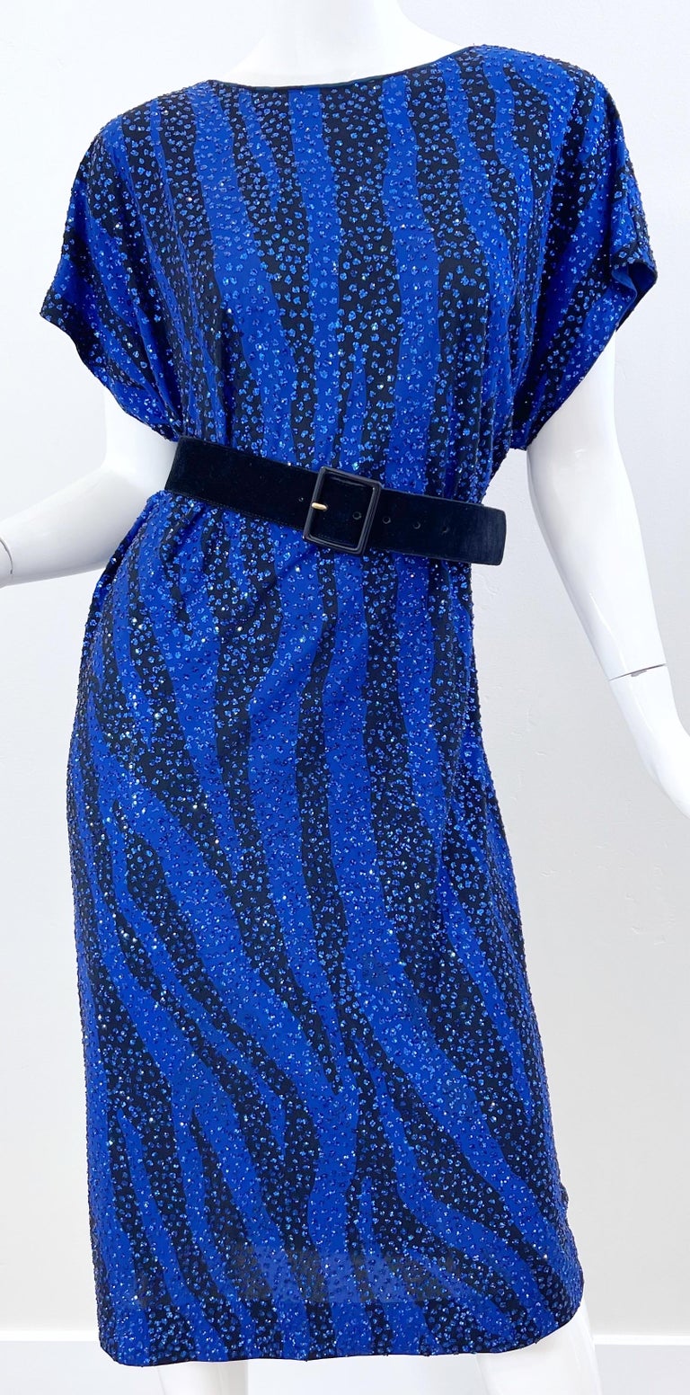 Neiman Marcus 80s Royal Blue Black Zebra Animal Print Glitter Caftan Midi  Dress
