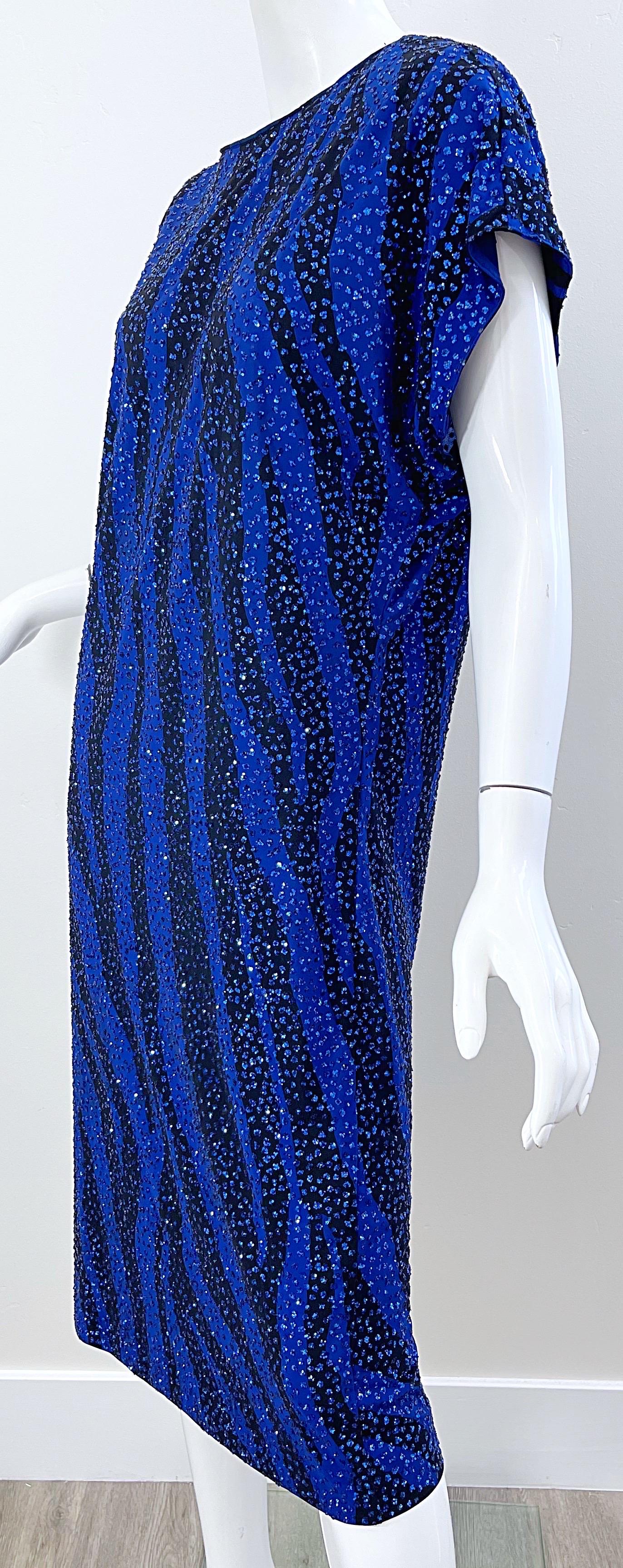 Neiman Marcus 80s Royal Blue Black Zebra Animal Print Glitter Caftan Midi Dress For Sale 4