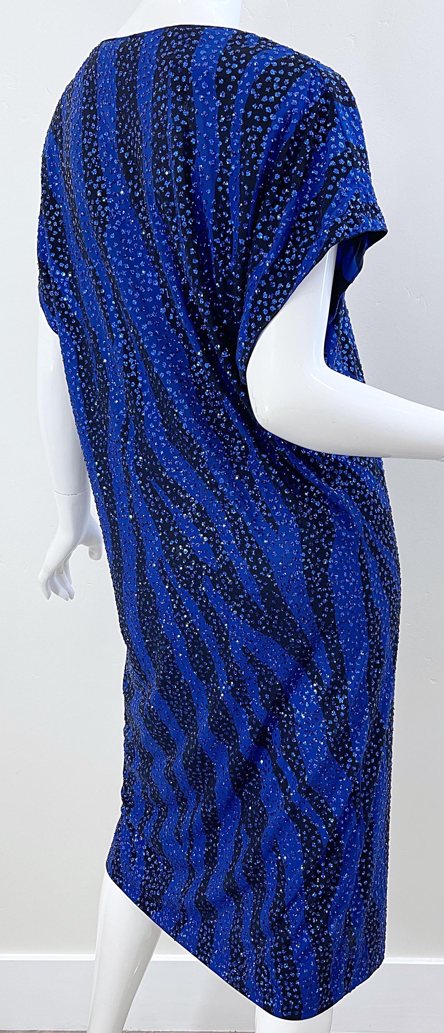 Neiman Marcus 80s Royal Blue Black Zebra Animal Print Glitter Caftan Midi Dress For Sale 5