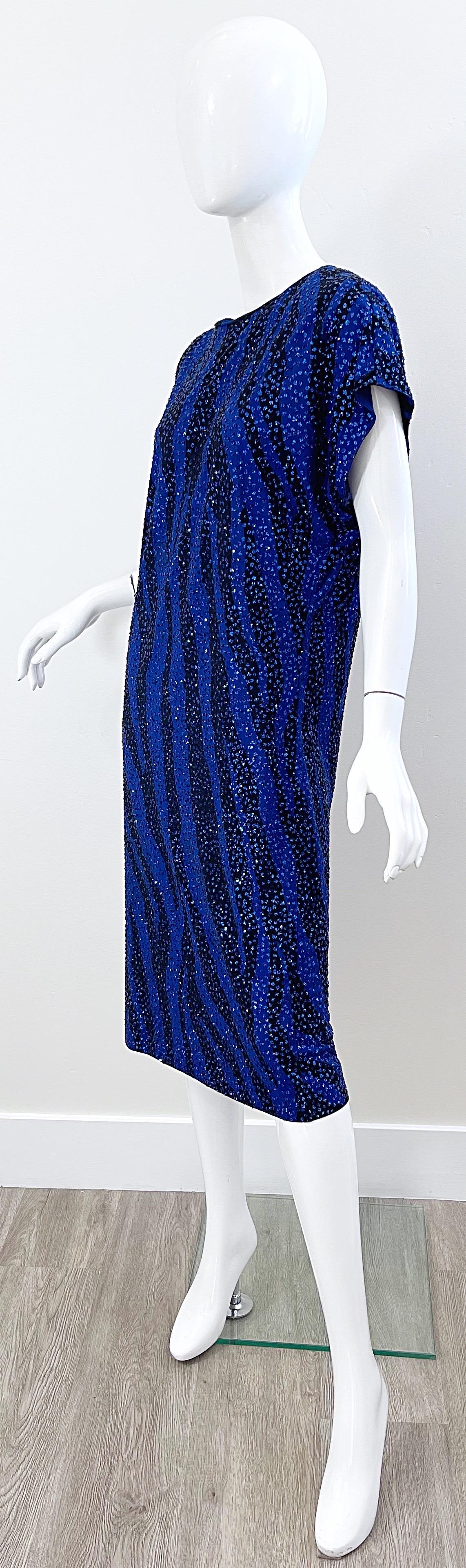 Neiman Marcus 80s Royal Blue Black Zebra Animal Print Glitter Caftan Midi Dress For Sale 7