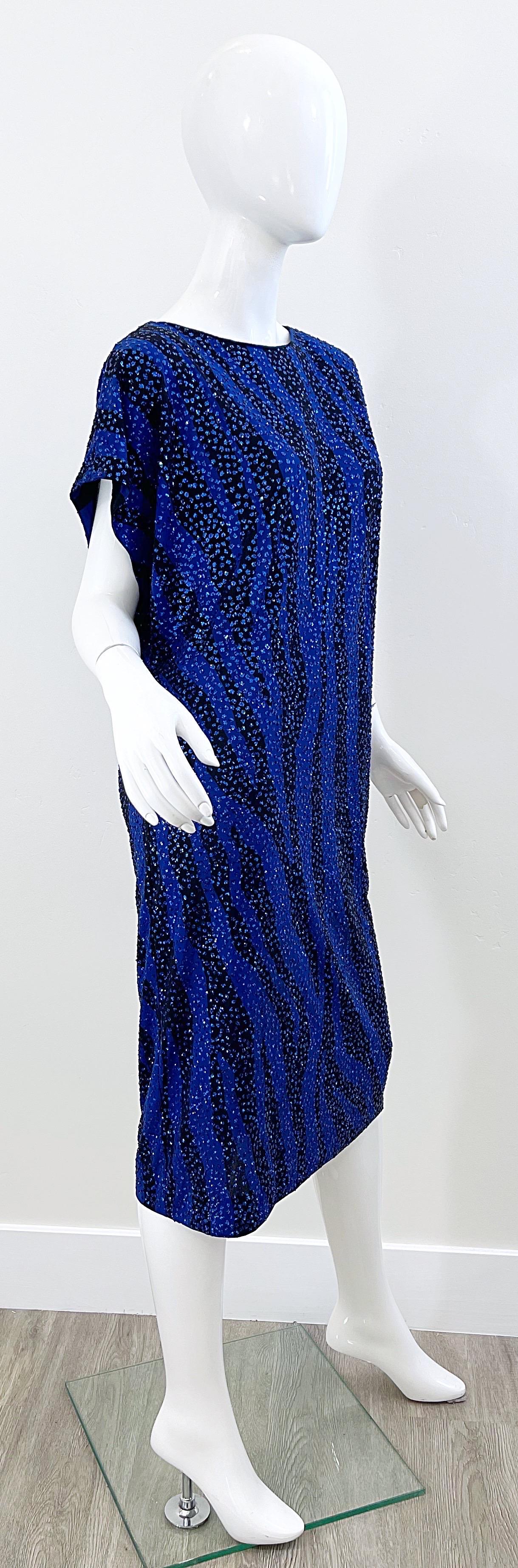 Neiman Marcus 80s Royal Blue Black Zebra Animal Print Glitter Caftan Midi Dress For Sale 8