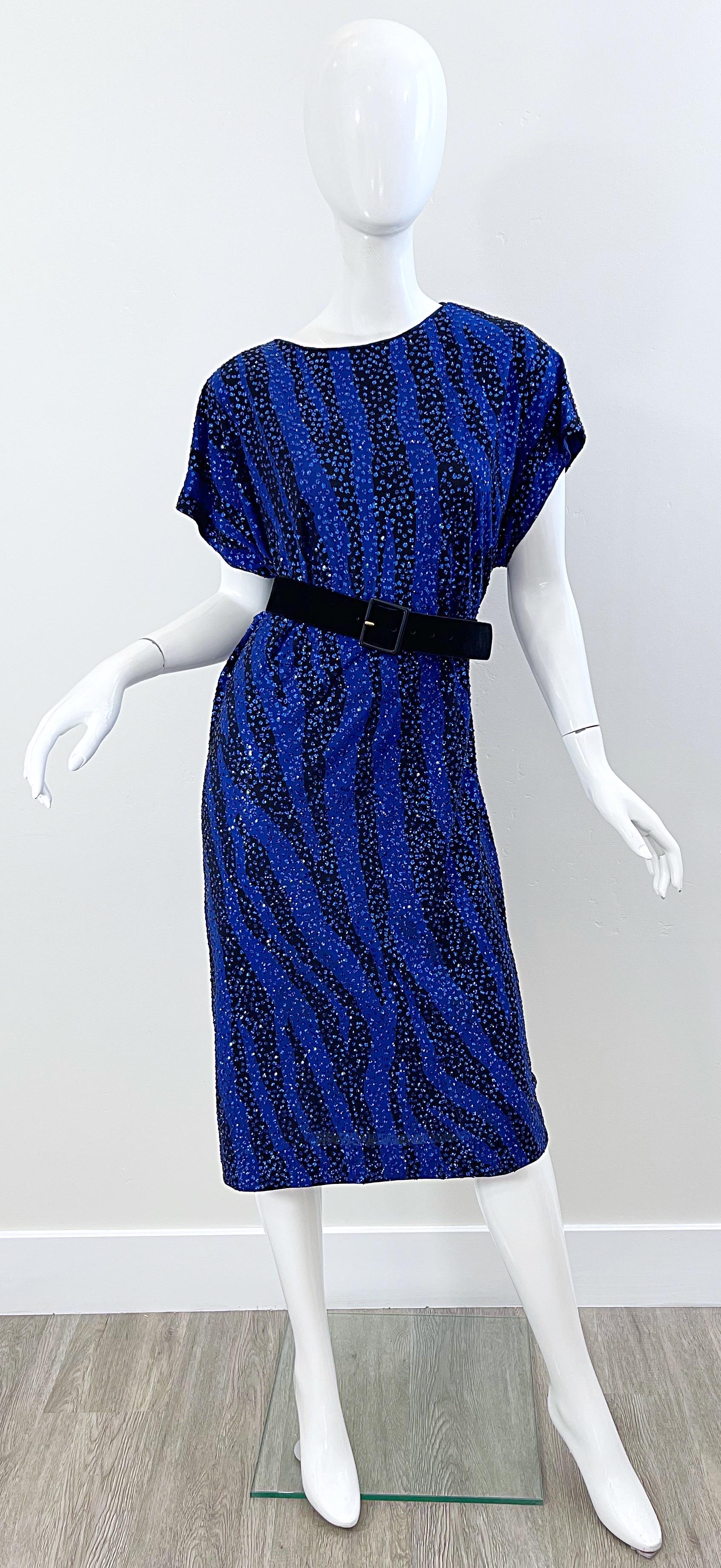 Neiman Marcus 80s Royal Blue Black Zebra Animal Print Glitter Caftan Midi Dress For Sale at 1stDibs animal prints 80s blue and black zebra print dress blue zebra print dress