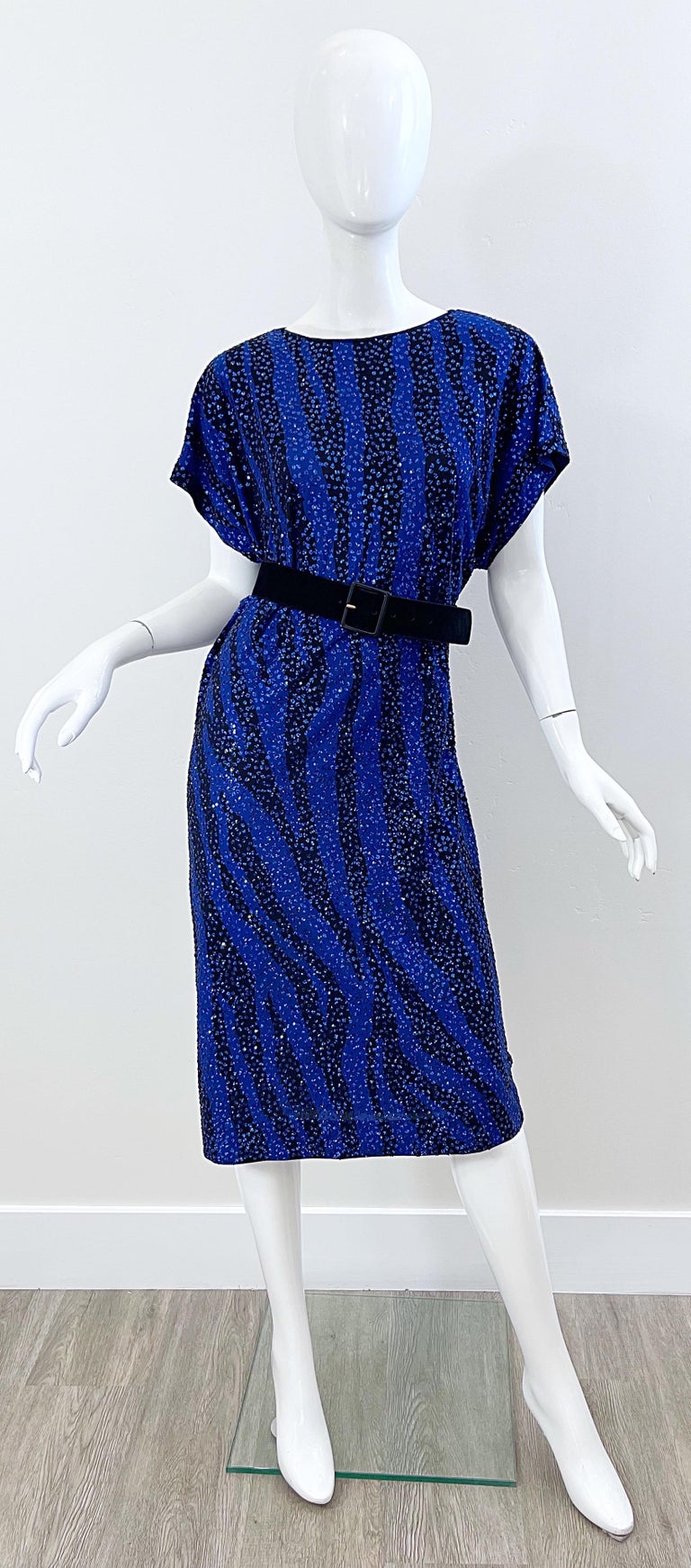 Neiman Marcus 80s Royal Blue Black Zebra Animal Print Glitter Caftan Midi Dress