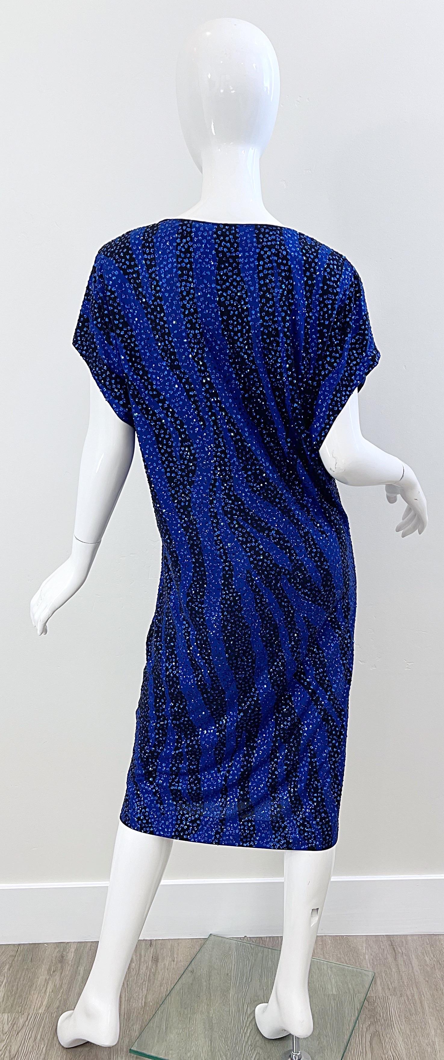 Neiman Marcus 80s Royal Blue Black Zebra Animal Print Glitter Caftan Midi Dress For Sale 1
