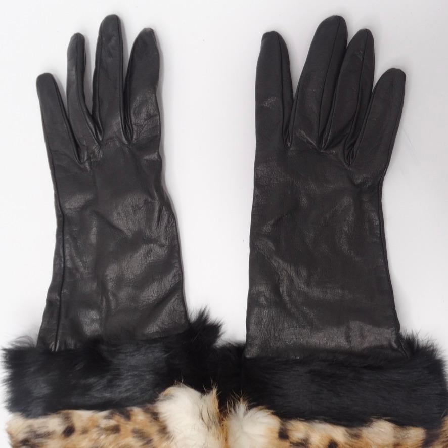 Noir Neiman Marcus - Gants en cuir noir et fourrure de léopard