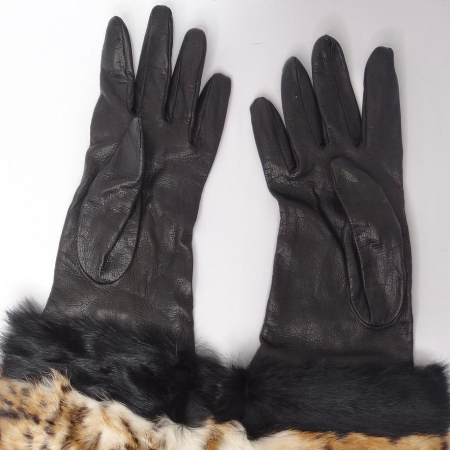  Neiman Marcus - Gants en cuir noir et fourrure de léopard Unisexe 