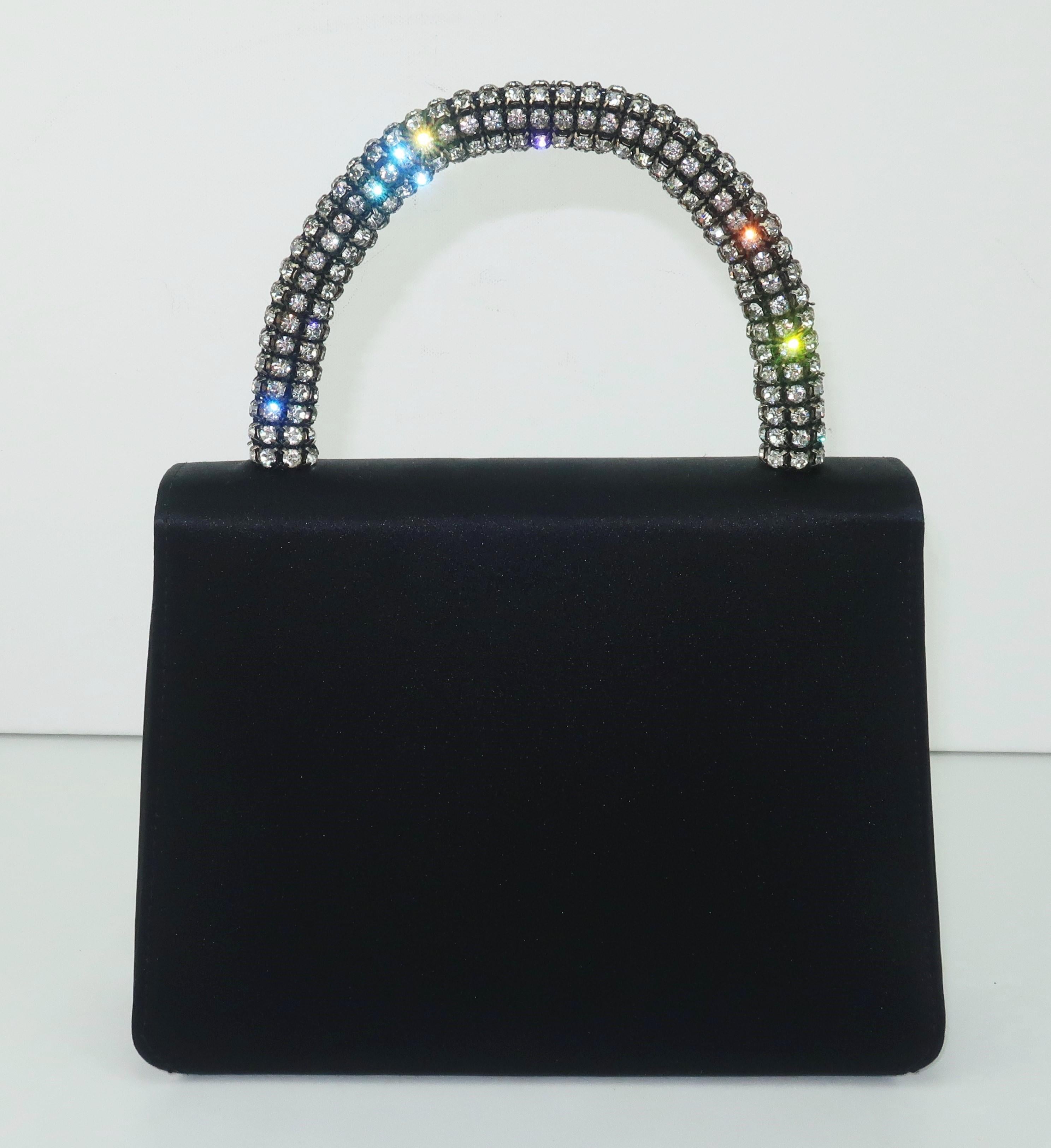 Women's Neiman Marcus Black Satin Evening Handbag With Rhinestone Handle