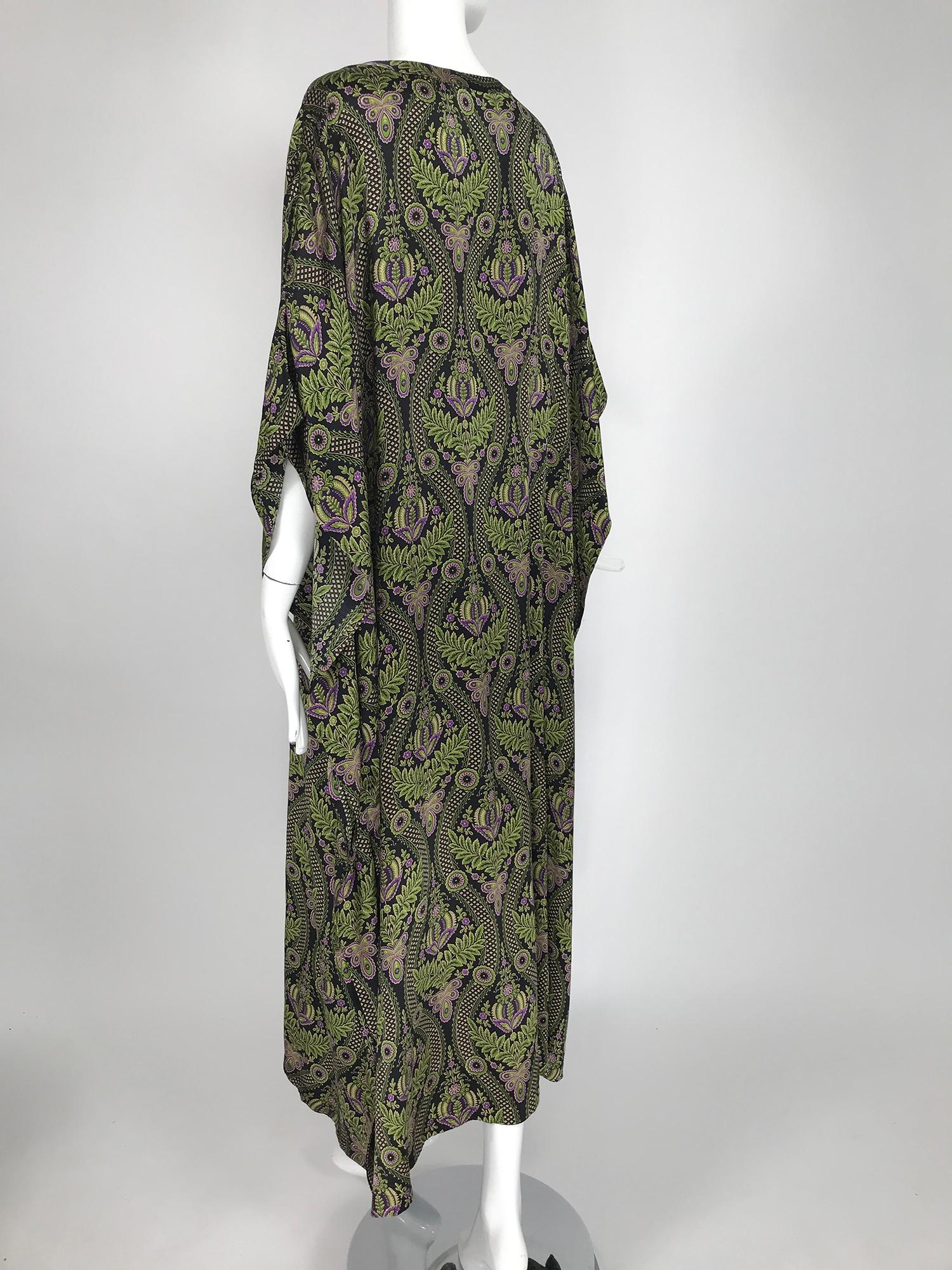 Black Neiman Marcus Botanical Printed Silk Satin Caftan