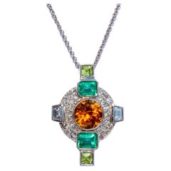 Vintage Neiman Marcus Citrine, Emerald and Peridot 18K White Gold Cross Pendant