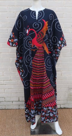 Neiman Marcus Cotton Peacock Caftan Dress, C.1980