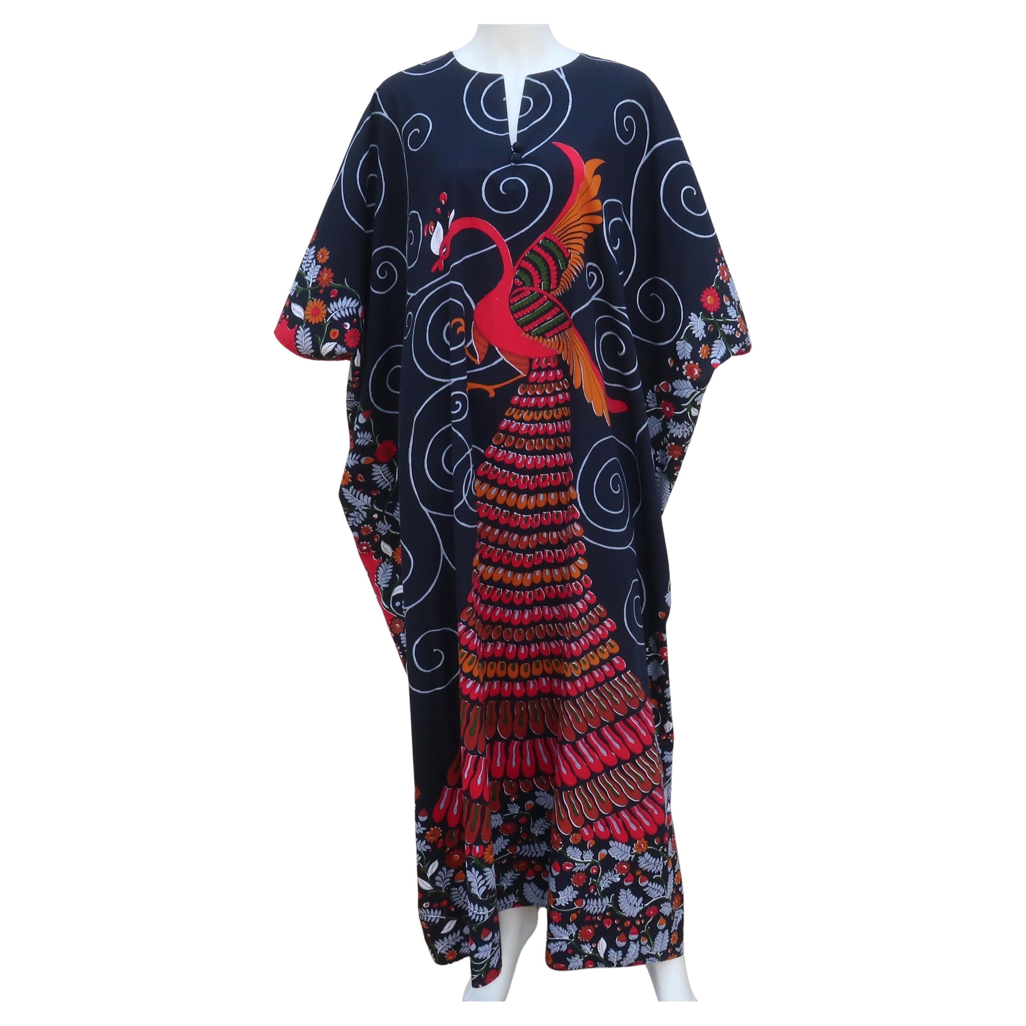 Neiman Marcus Cotton Peacock Caftan Dress, C.1980