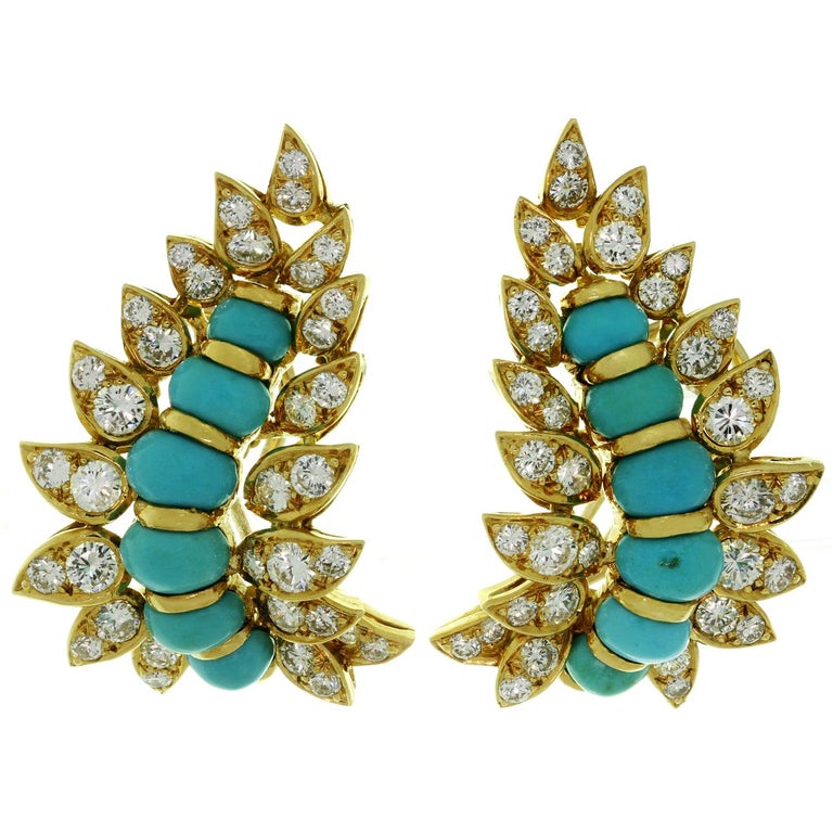 Neiman Marcus Diamond Turquoise Yellow Gold Clip-On Earrings 1