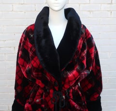 Neiman Marcus Faux Fur Tartan Plaid Smoking Jacket, 1980's