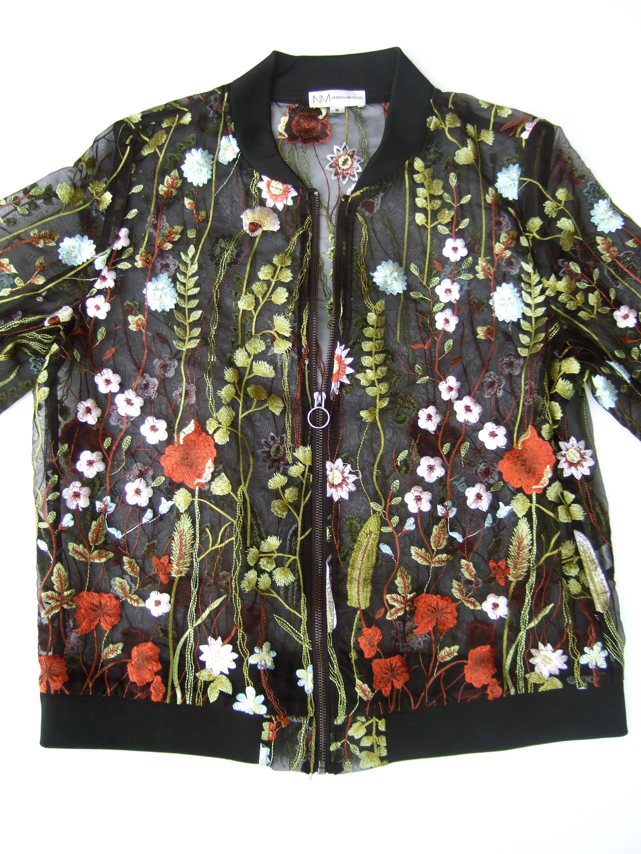 NEIMAN MARCUS Floral Embroidered Sheer Mesh Zippered  See Through Jacket c 1990s 5
