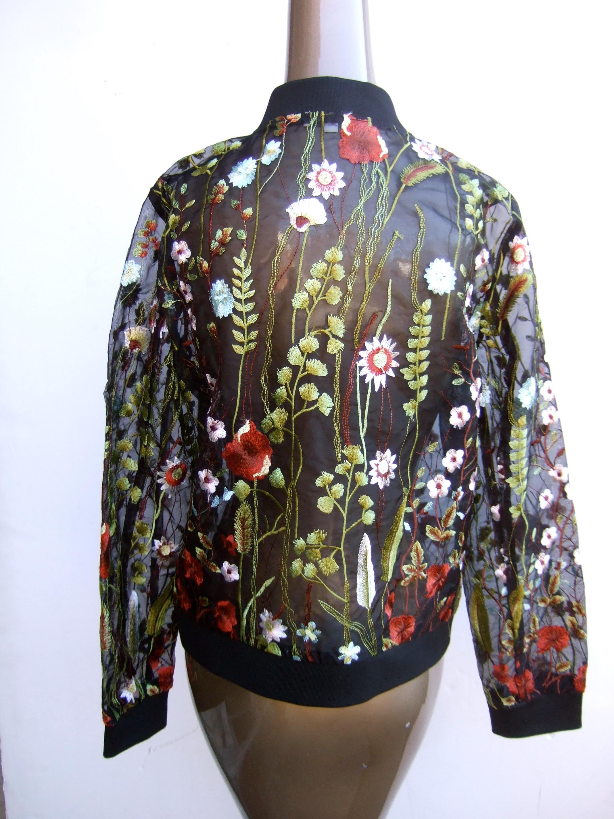 NEIMAN MARCUS Floral Embroidered Sheer Mesh Zippered  See Through Jacket c 1990s 6