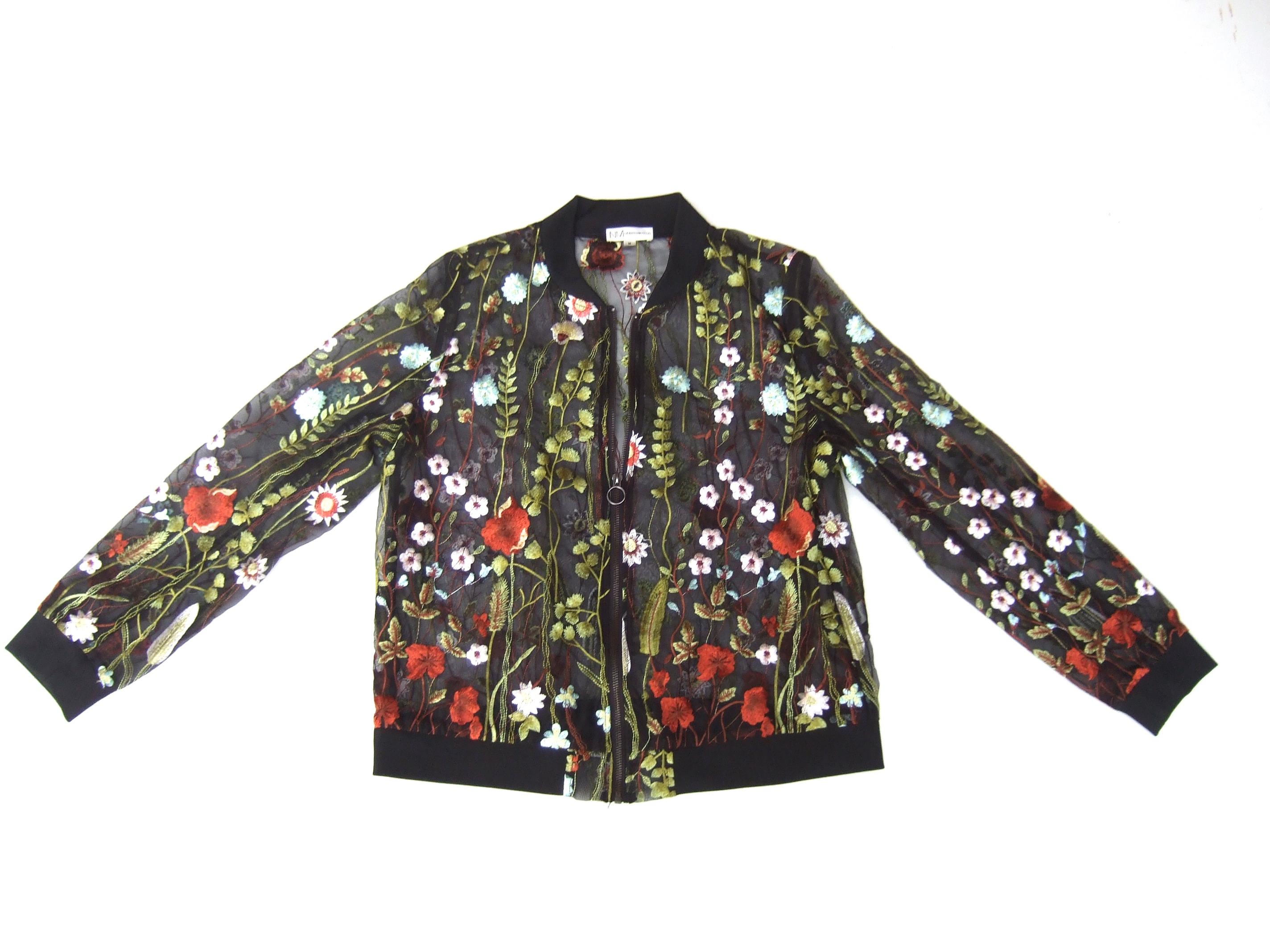 NEIMAN MARCUS Floral Embroidered Sheer Mesh Zippered  See Through Jacket c 1990s 9