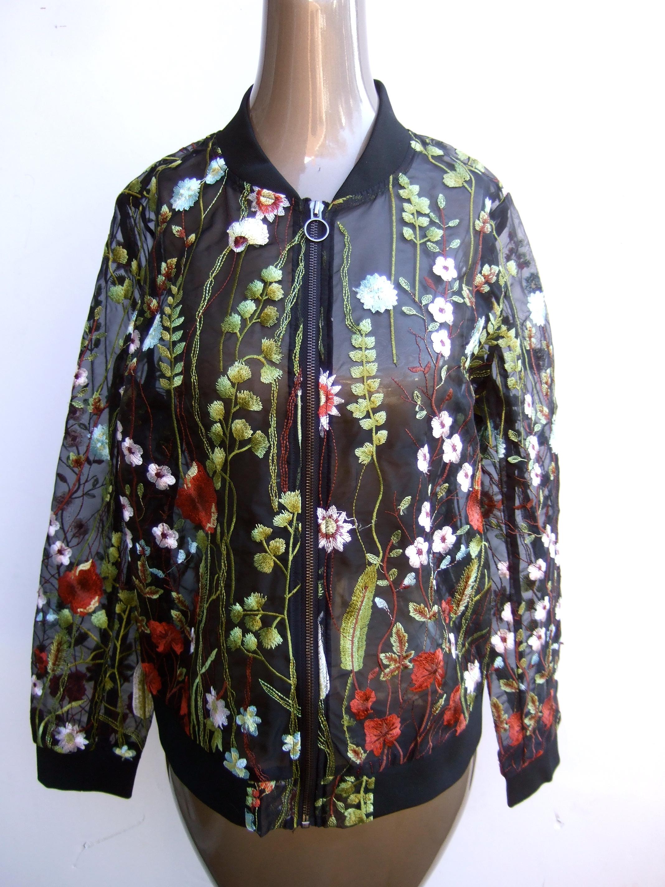 NEIMAN MARCUS Floral Embroidered Sheer Mesh Zippered  See Through Jacket c 1990s 11