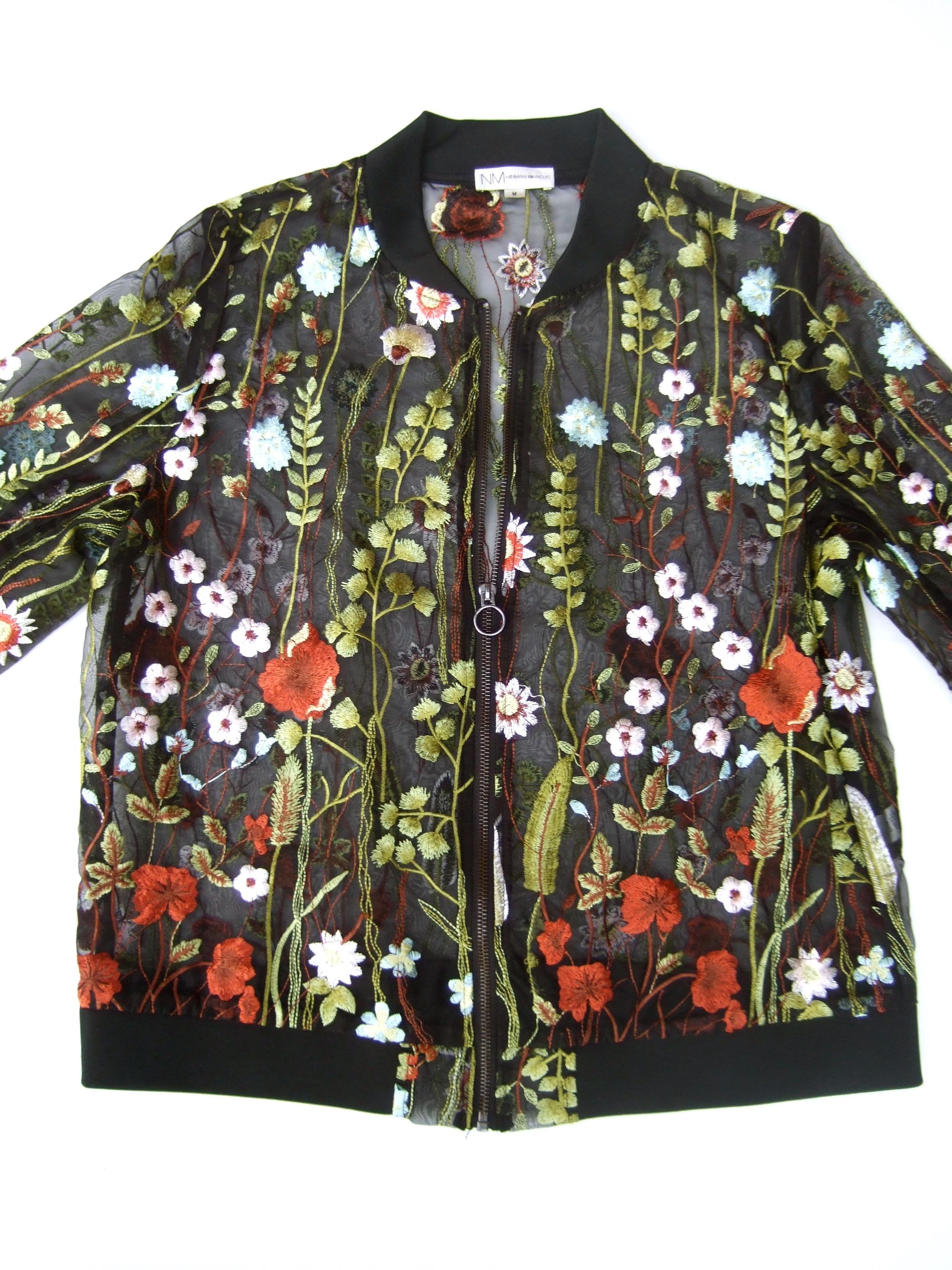 NEIMAN MARCUS Floral Embroidered Sheer Mesh Zippered  See Through Jacket c 1990s 12