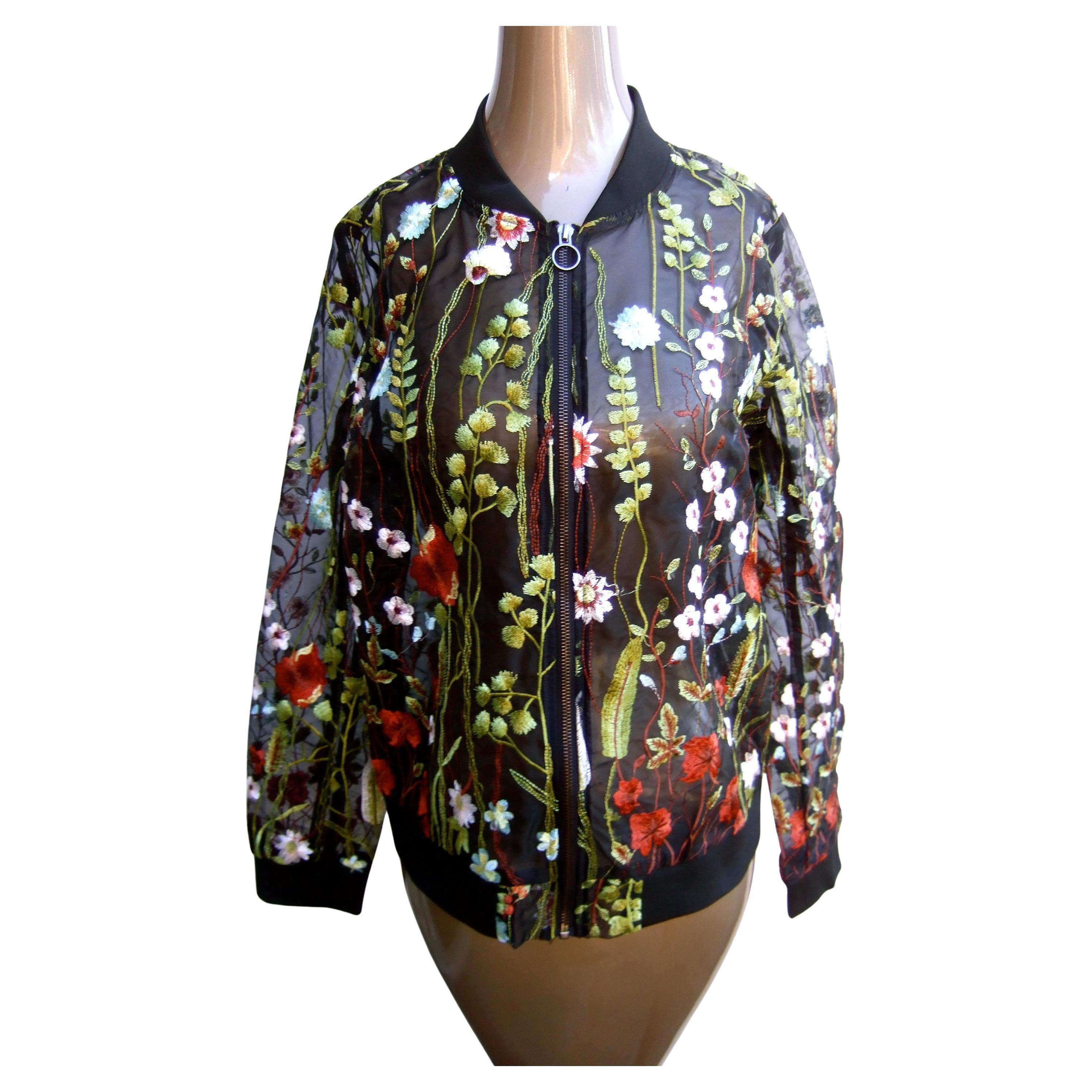 Black NEIMAN MARCUS Floral Embroidered Sheer Mesh Zippered  See Through Jacket c 1990s