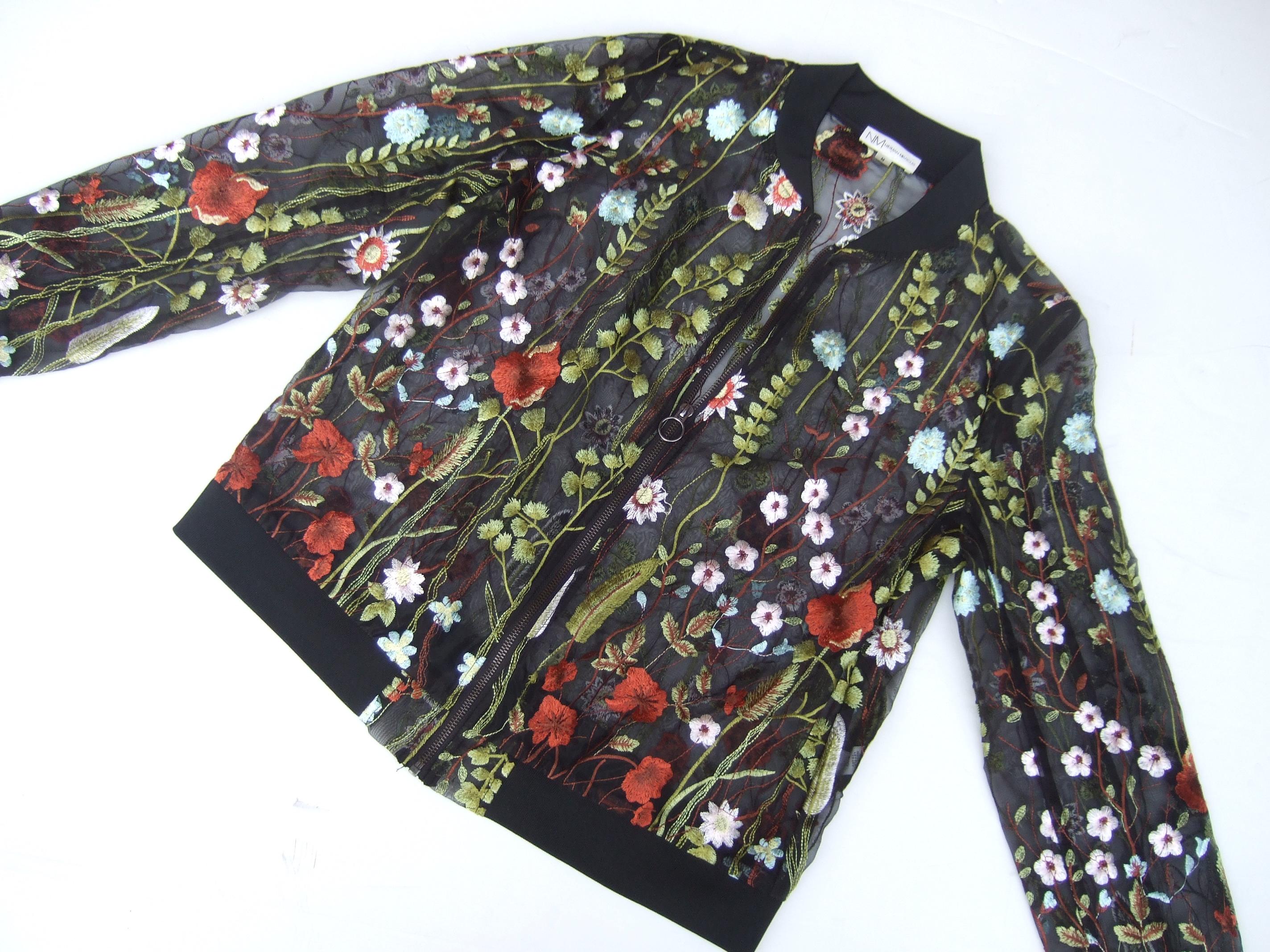 NEIMAN MARCUS Floral Embroidered Sheer Mesh Zippered  See Through Jacket c 1990s 1