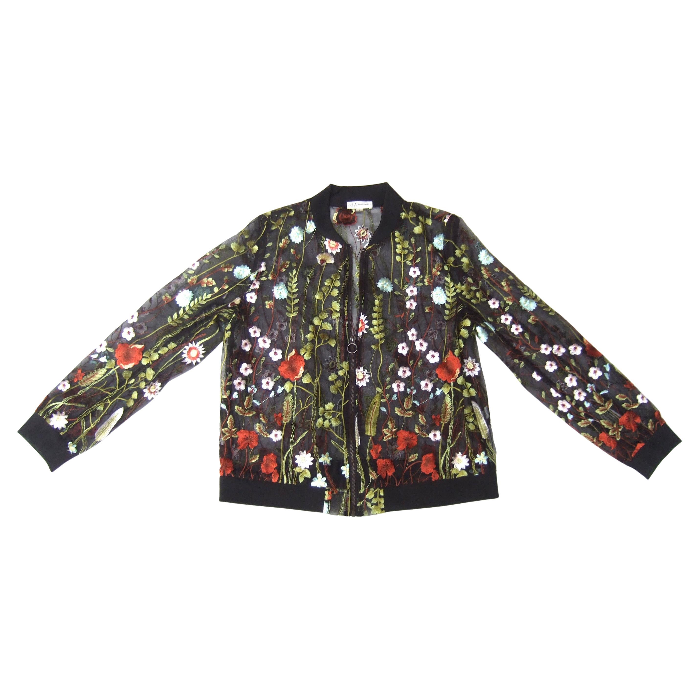 NEIMAN MARCUS Floral Embroidered Sheer Mesh Zippered  See Through Jacket c 1990s