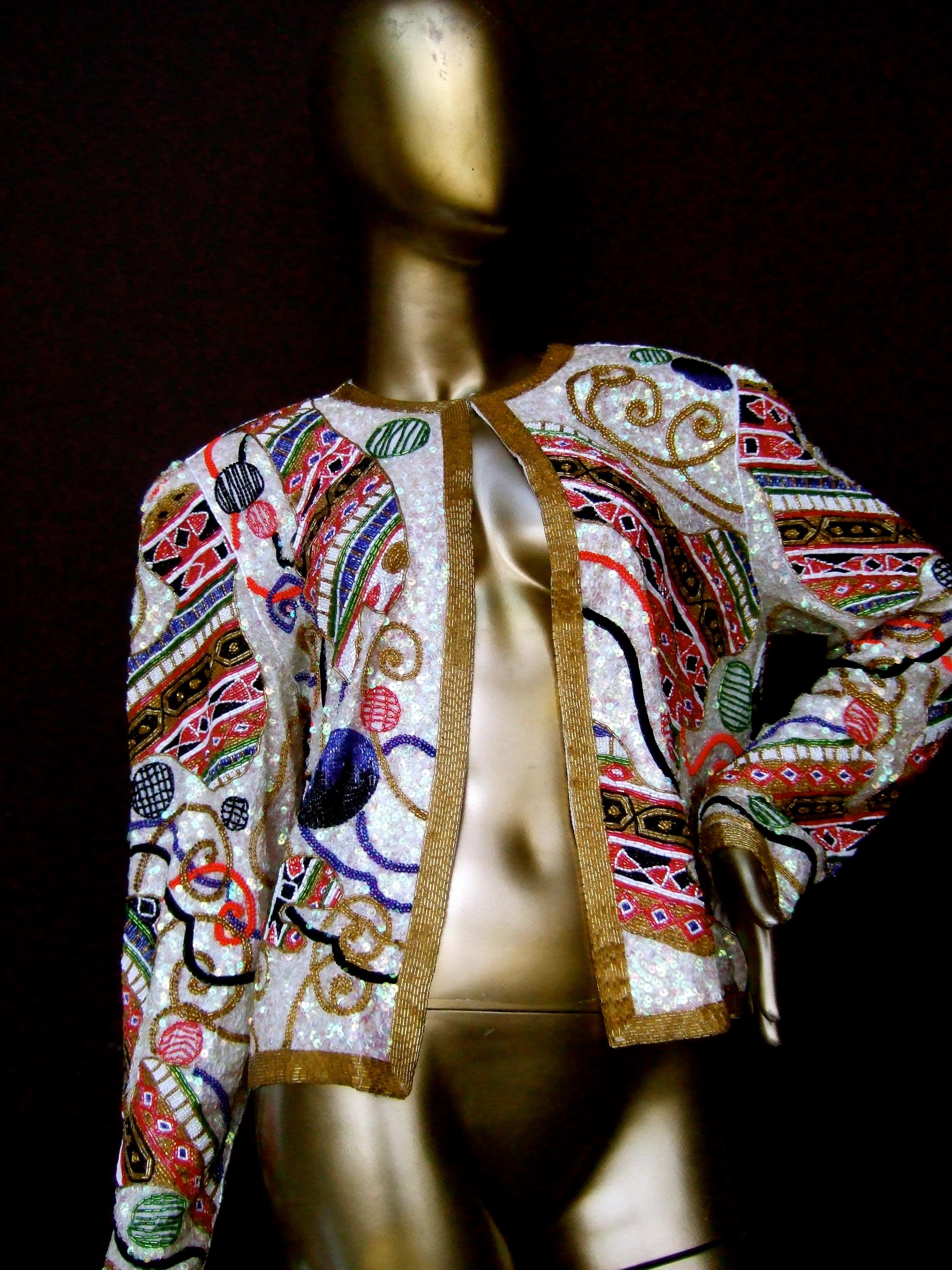 Neiman Marcus Glass Silk Beaded & Sequined Evening Jacket c 1980s 2