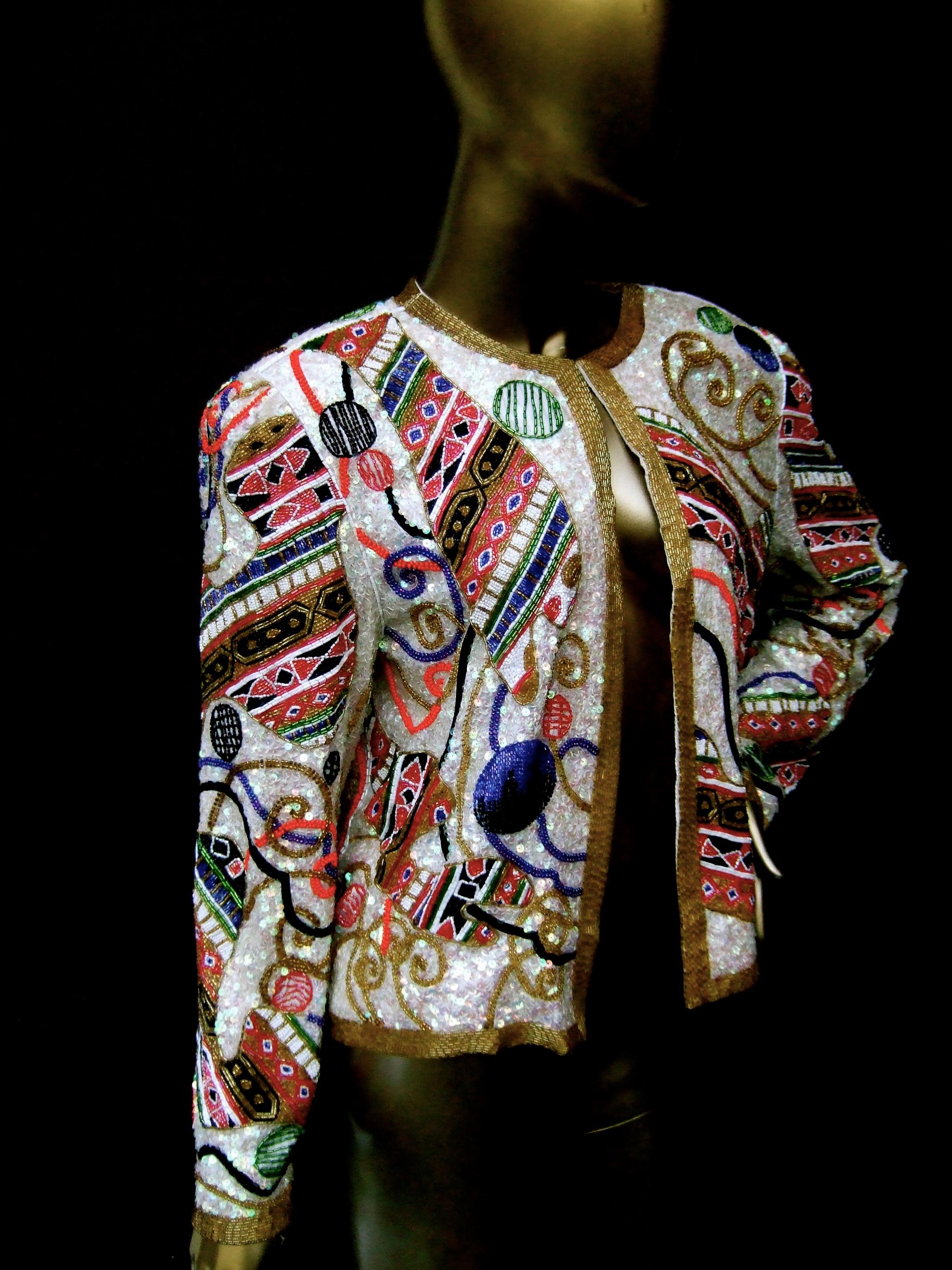 Neiman Marcus Glass Silk Beaded & Sequined Evening Jacket c 1980s In Good Condition In University City, MO