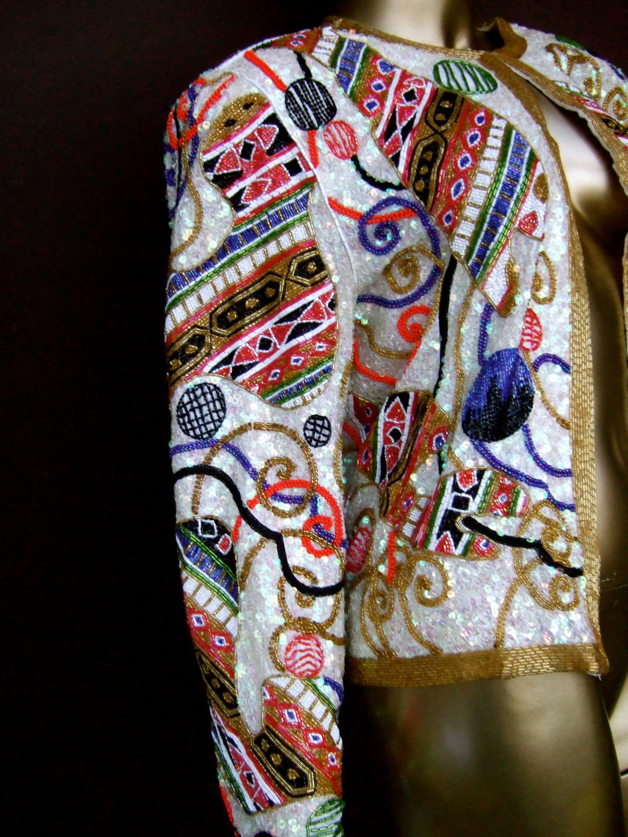 Neiman Marcus Glass Silk Beaded & Sequined Evening Jacket c 1980s 9