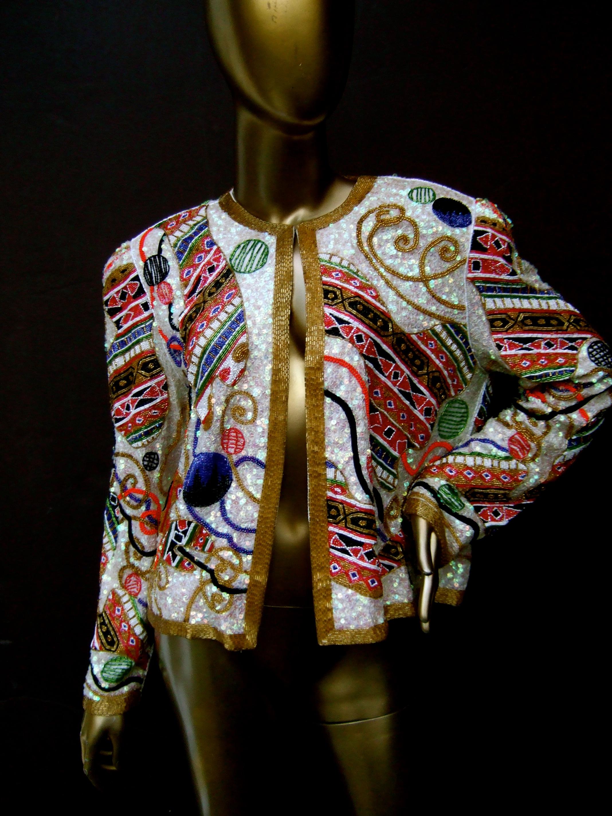 Neiman Marcus Glass Silk Beaded & Sequined Evening Jacket c 1980s