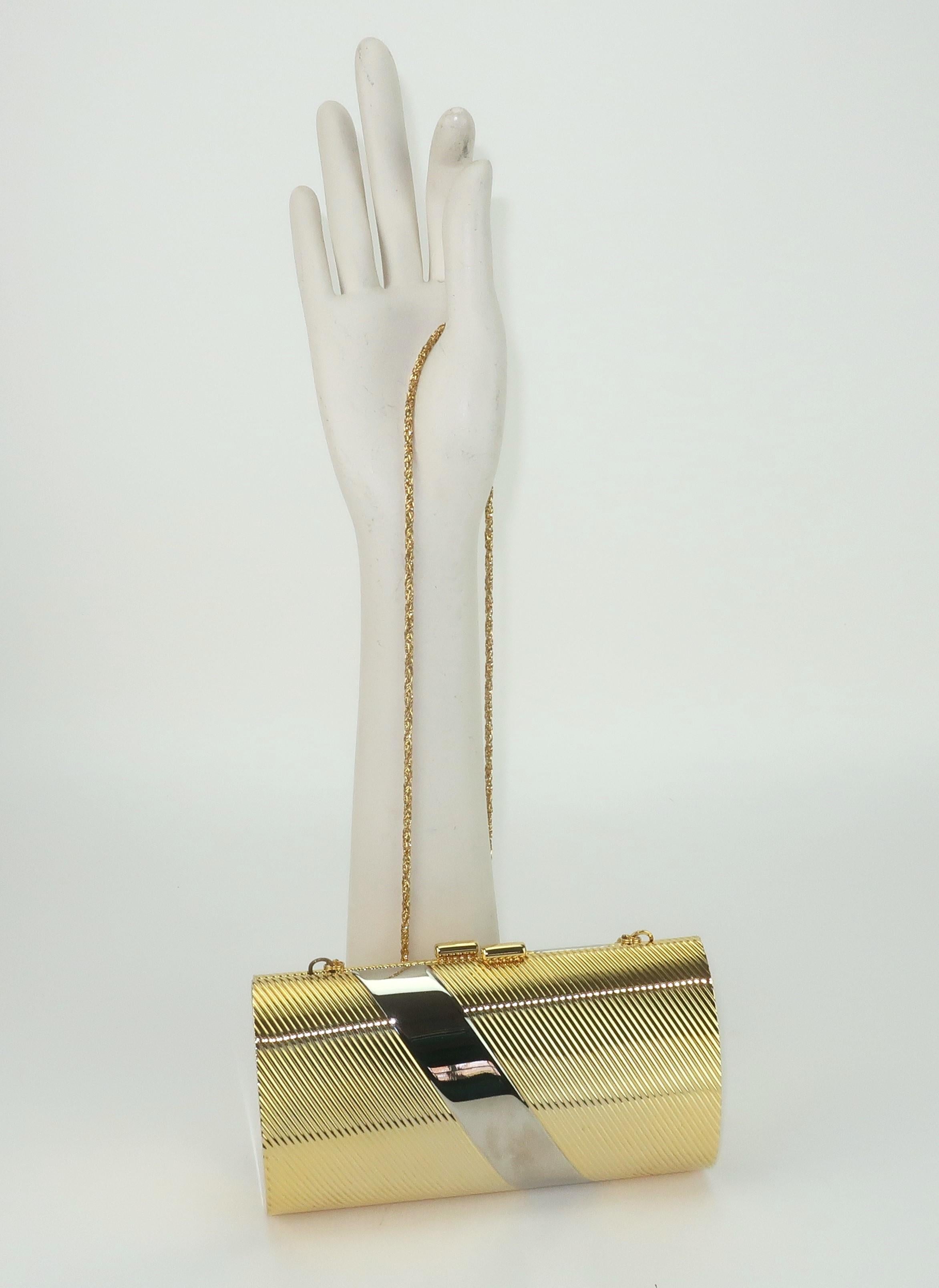Neiman Marcus Gold & Silver Metal Clutch Handbag With Drop-In Chain, 1980's 7