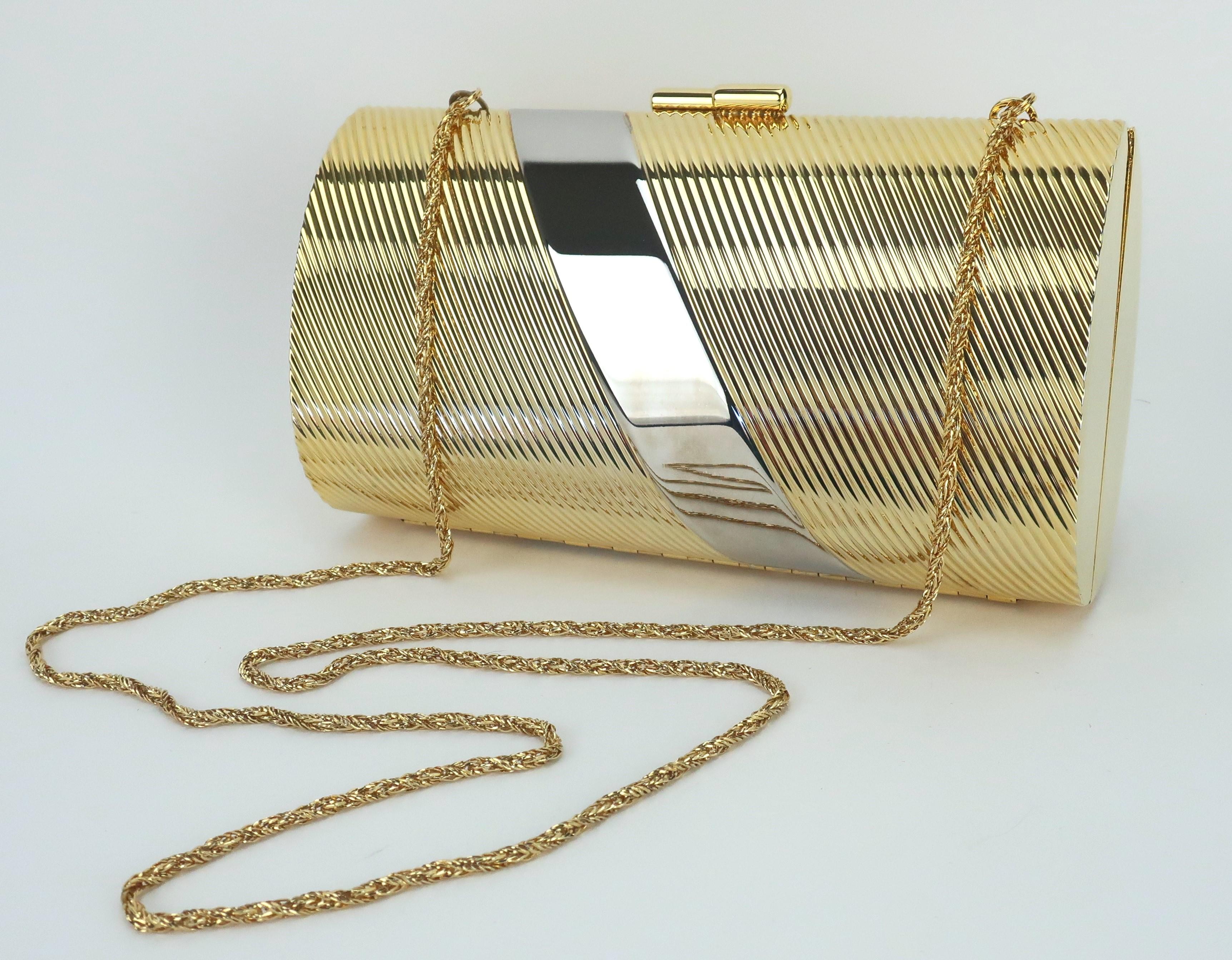 Neiman Marcus Gold & Silver Metal Clutch Handbag With Drop-In Chain, 1980's 4