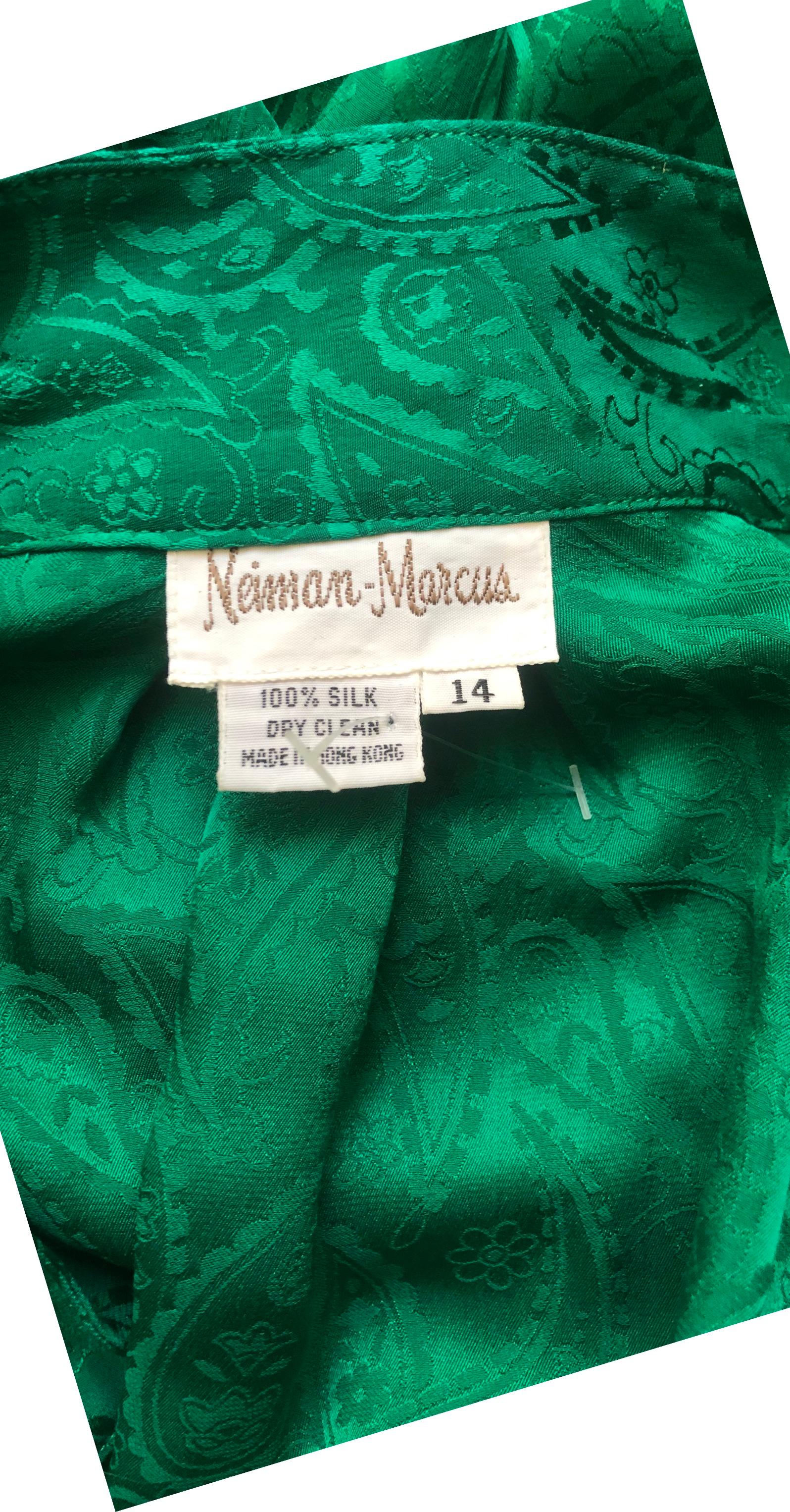 Neiman Marcus Kelly Green Silk Jacquard Button Front Dress Size 14 For Sale 5