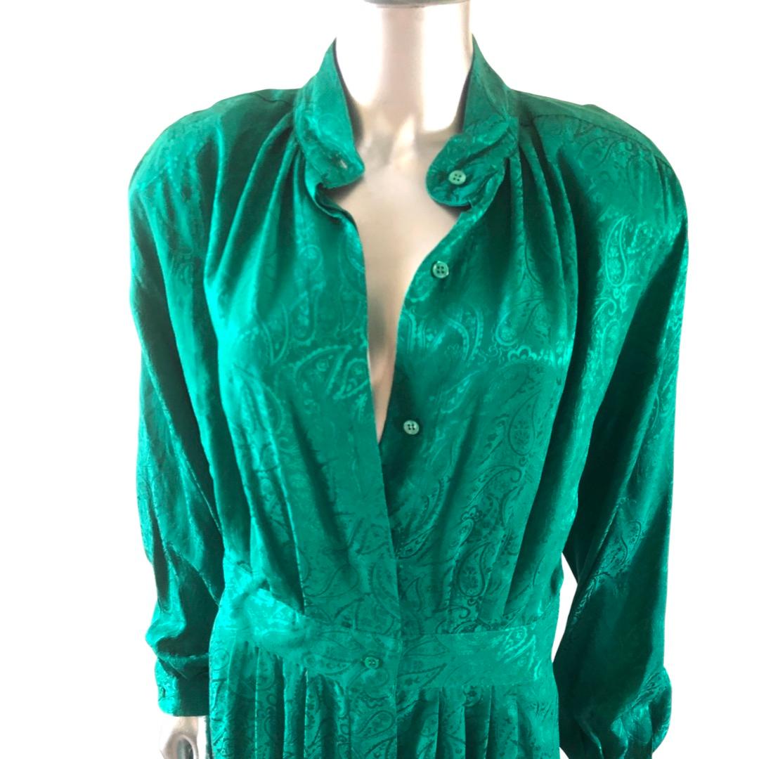 Women's Neiman Marcus Kelly Green Silk Jacquard Button Front Dress Size 14 For Sale