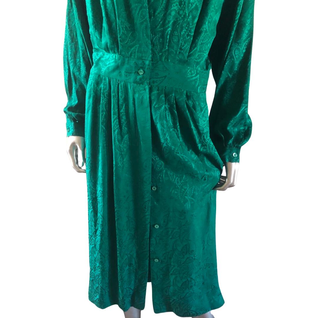 Neiman Marcus Kelly Green Silk Jacquard Button Front Dress Size 14 For Sale 1