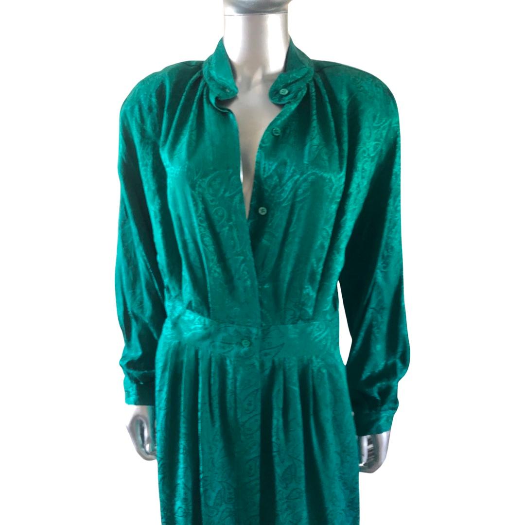 Neiman Marcus Kelly Green Silk Jacquard Button Front Dress Size 14 For Sale 2