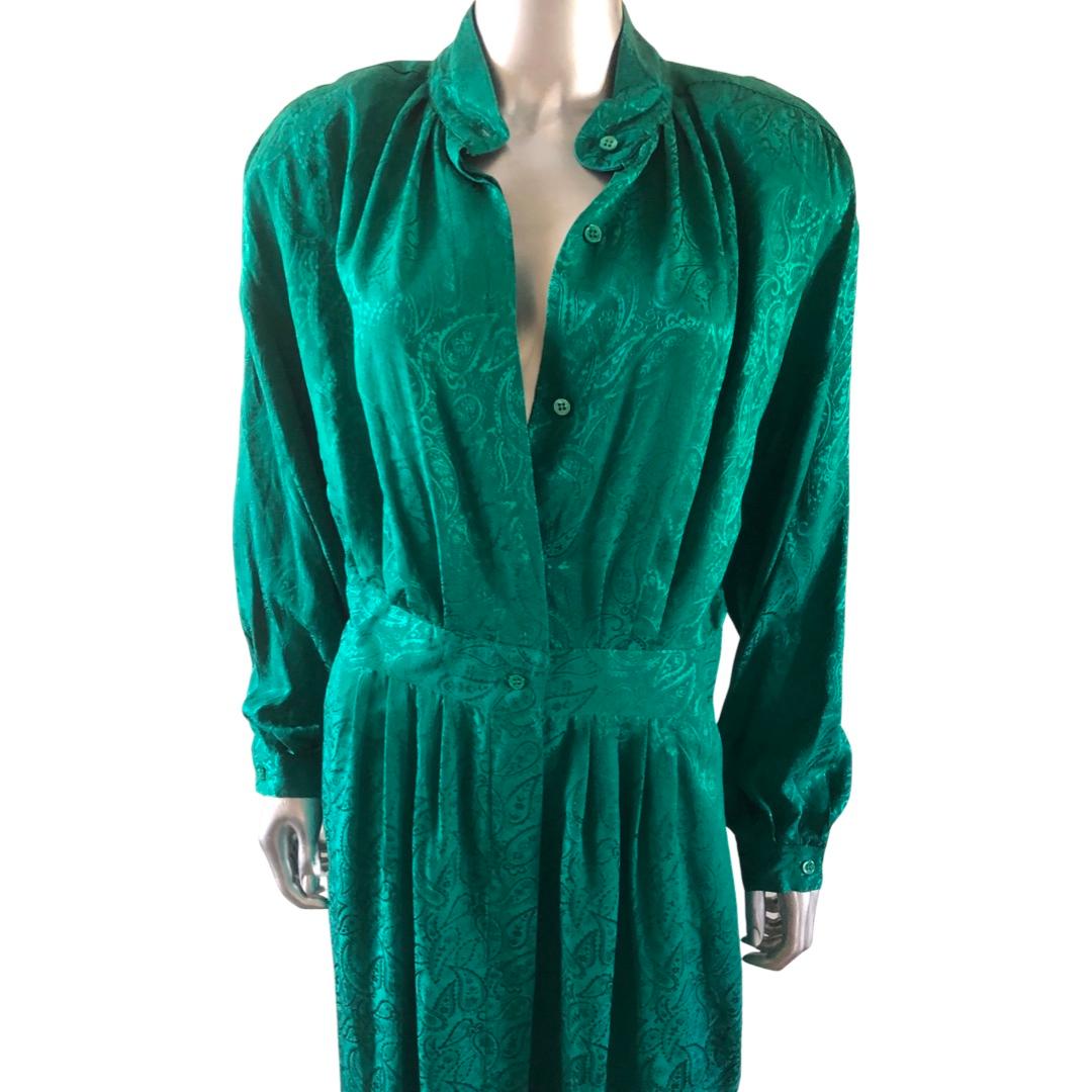 Neiman Marcus Kelly Green Silk Jacquard Button Front Dress Size 14 For Sale 3