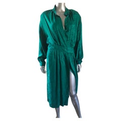 Vintage Neiman Marcus Kelly Green Silk Jacquard Button Front Dress Size 14