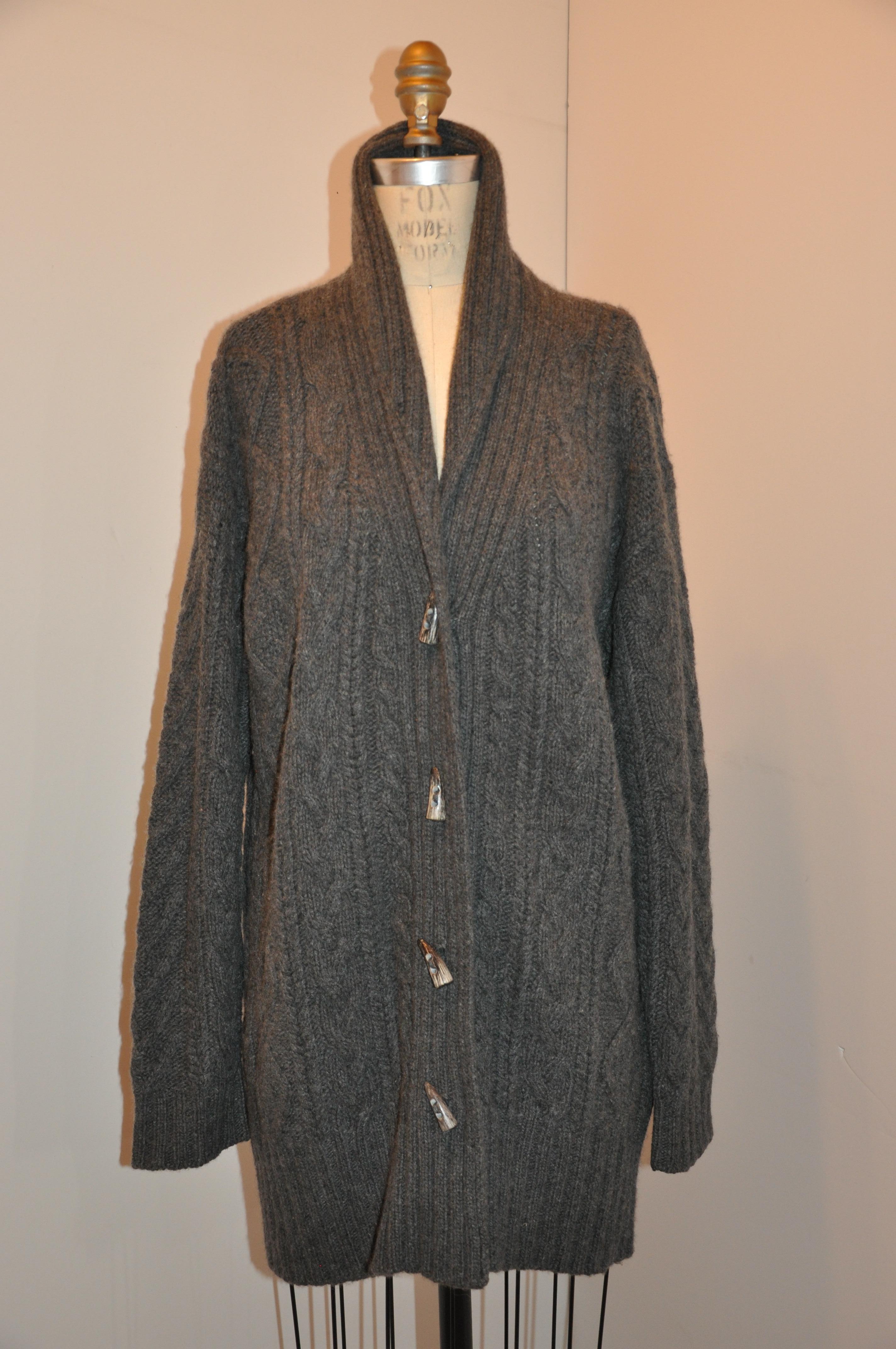 Neiman Marcus warm plush charcoal-gray cashmere button sweater is accented with 4 