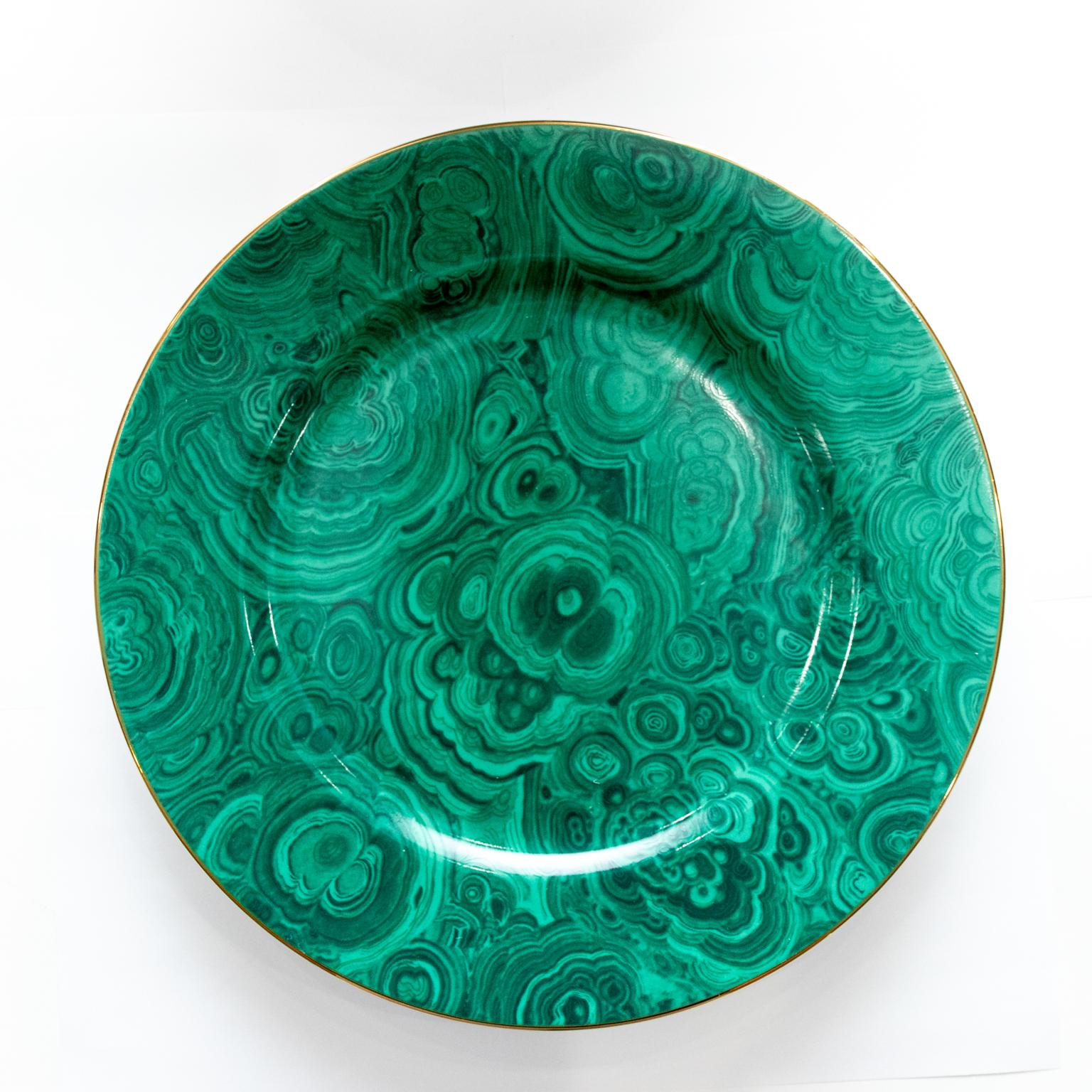 Mid-Century Modern Neiman Marcus Mid-Century Green and Gold Faux Malachite Plate Chargers For Sale