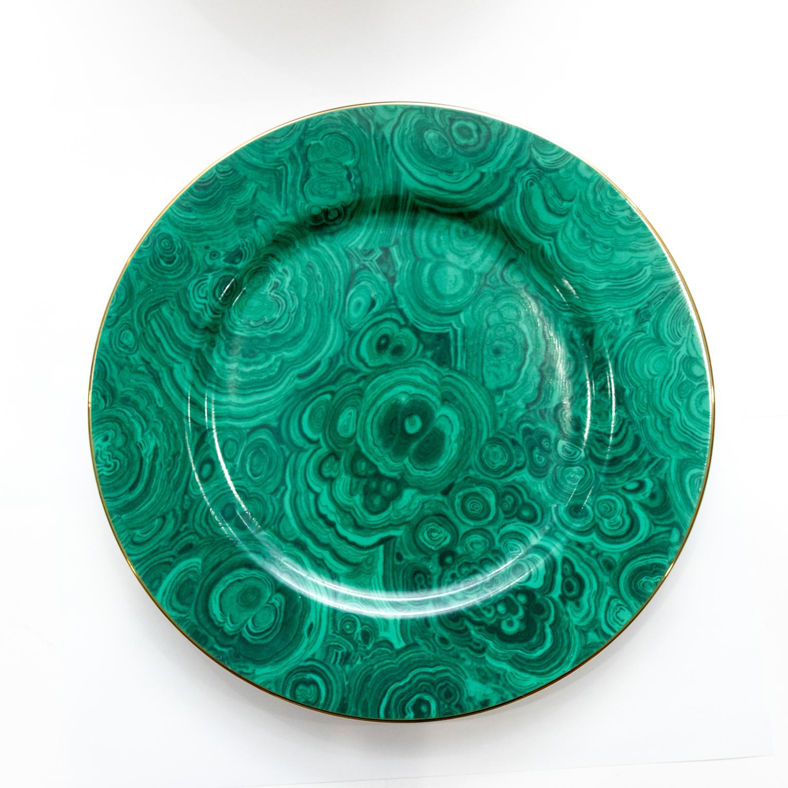 American Neiman Marcus Mid-Century Green and Gold Faux Malachite Plate Chargers For Sale