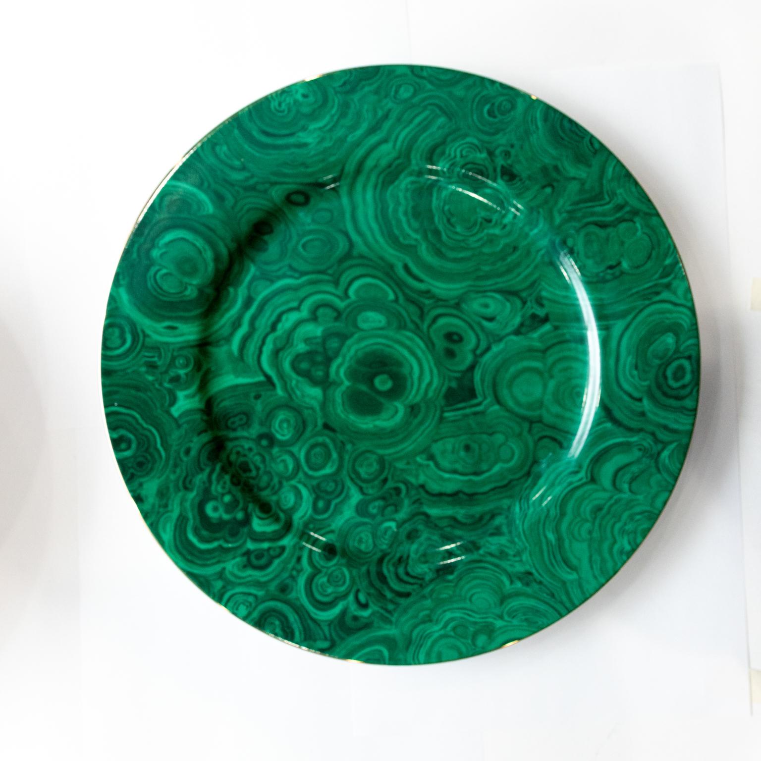 Porcelain Neiman Marcus Mid-Century Green and Gold Faux Malachite Plate Chargers For Sale