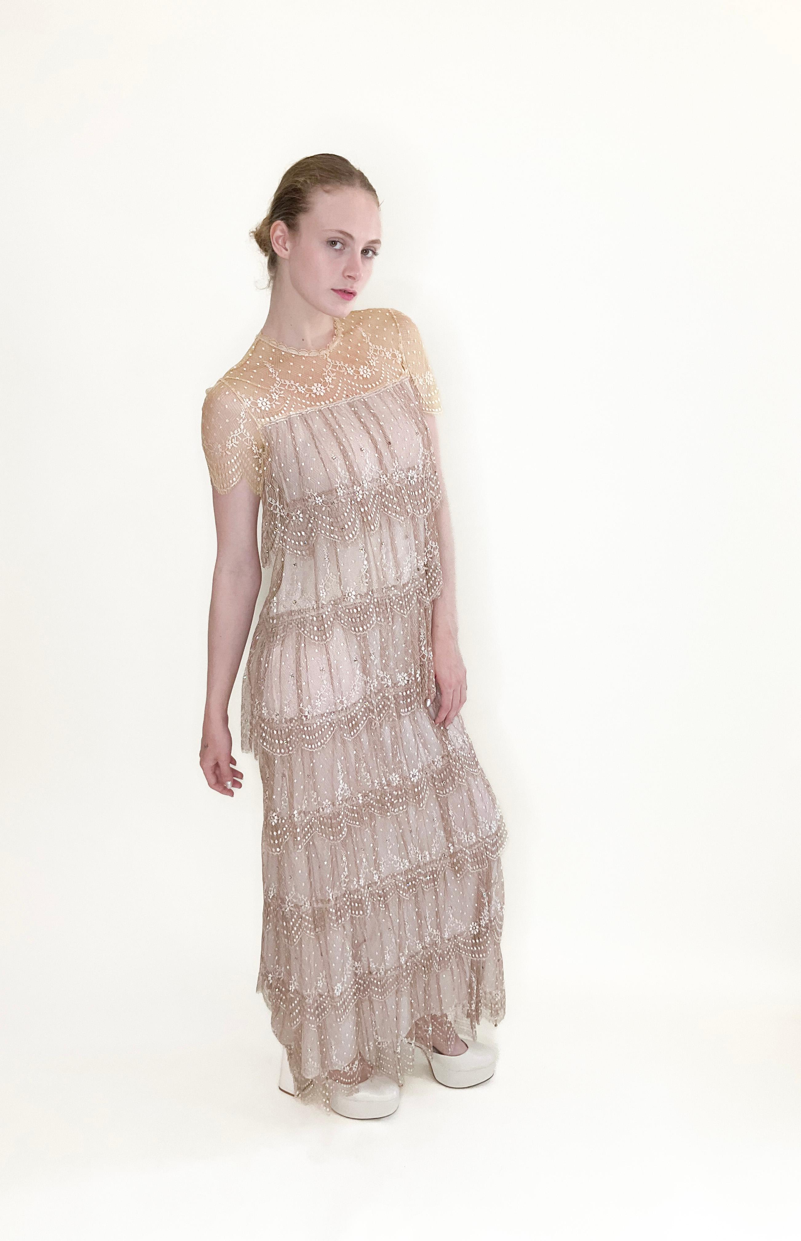 Beige Neiman Marcus Pastel Yellow/Dusty Rose Ruffled Lace Gown with Rhinestones