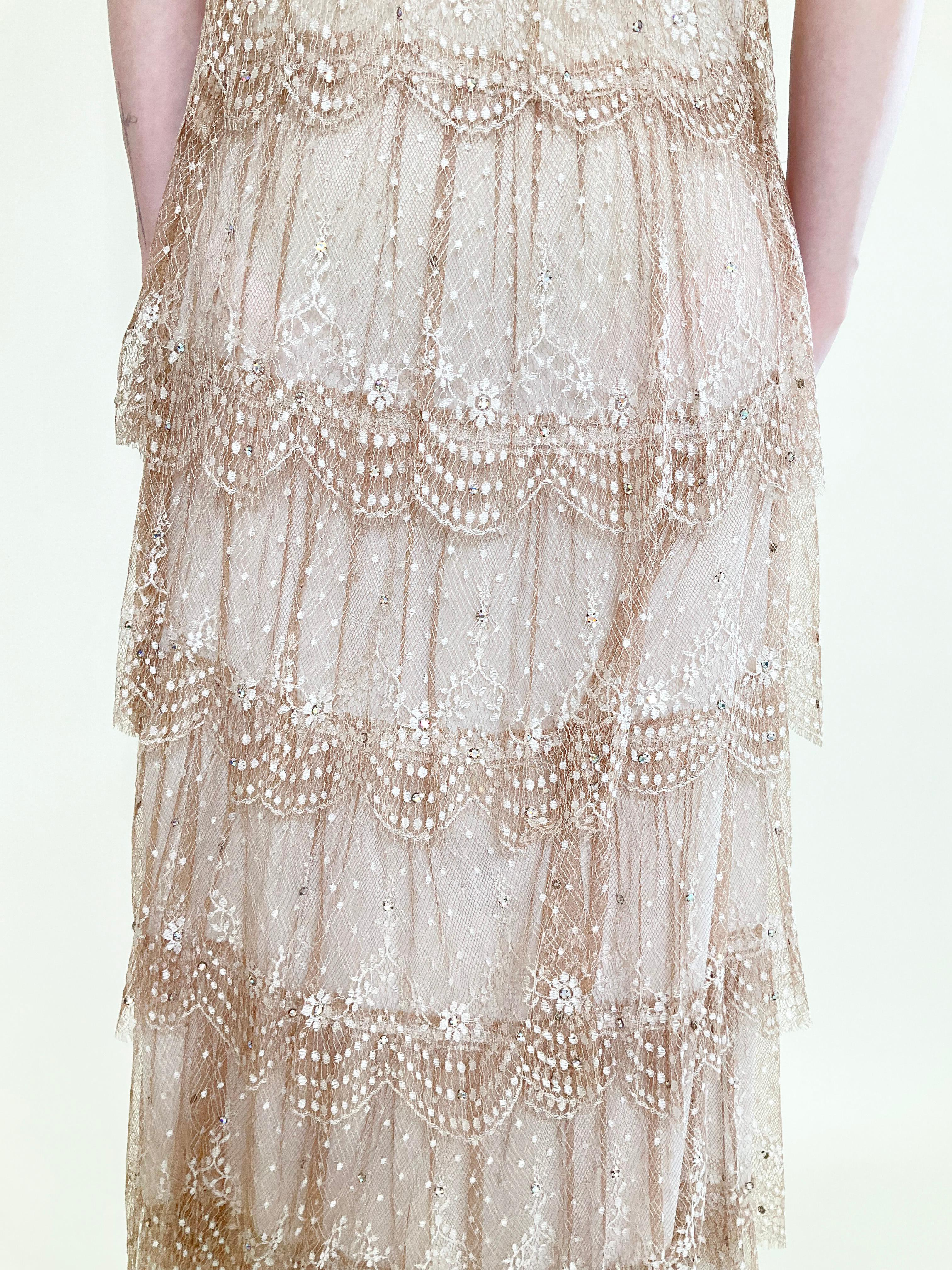 Neiman Marcus Pastel Yellow/Dusty Rose Ruffled Lace Gown with Rhinestones 2